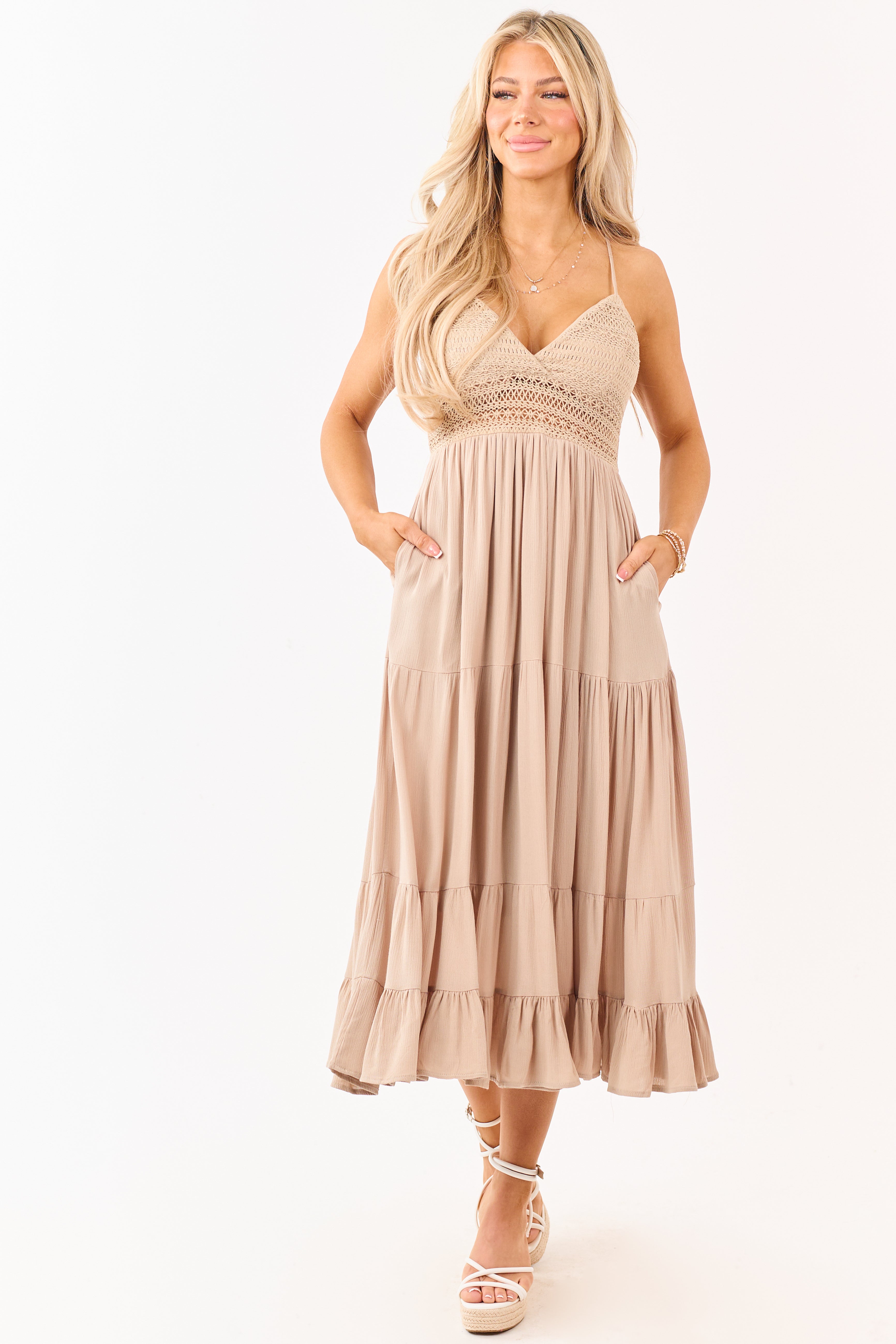 Latte Crochet Sleeveless Deep V-Neck Maxi Dress