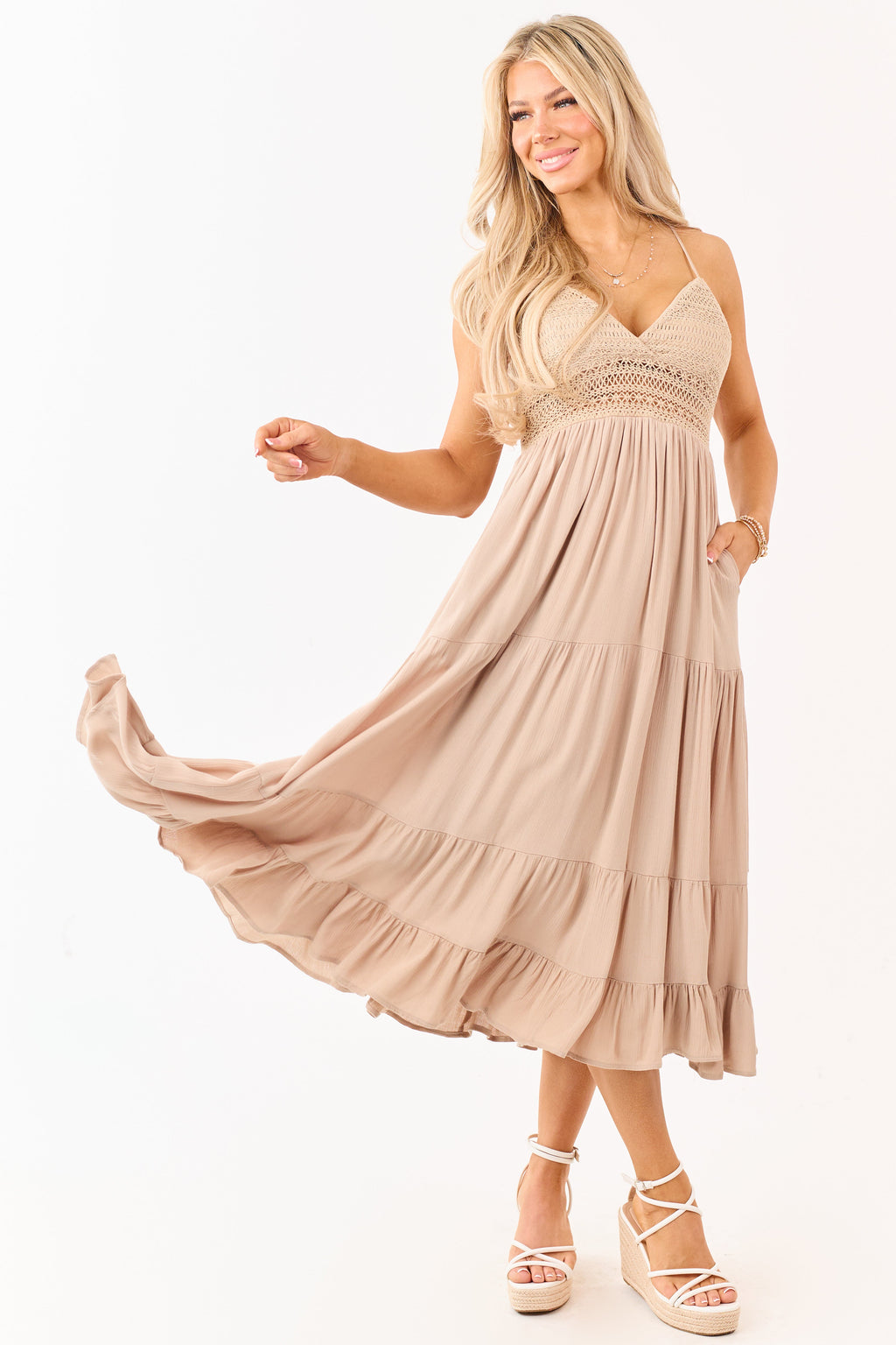 Latte Crochet Sleeveless Deep V-Neck Maxi Dress