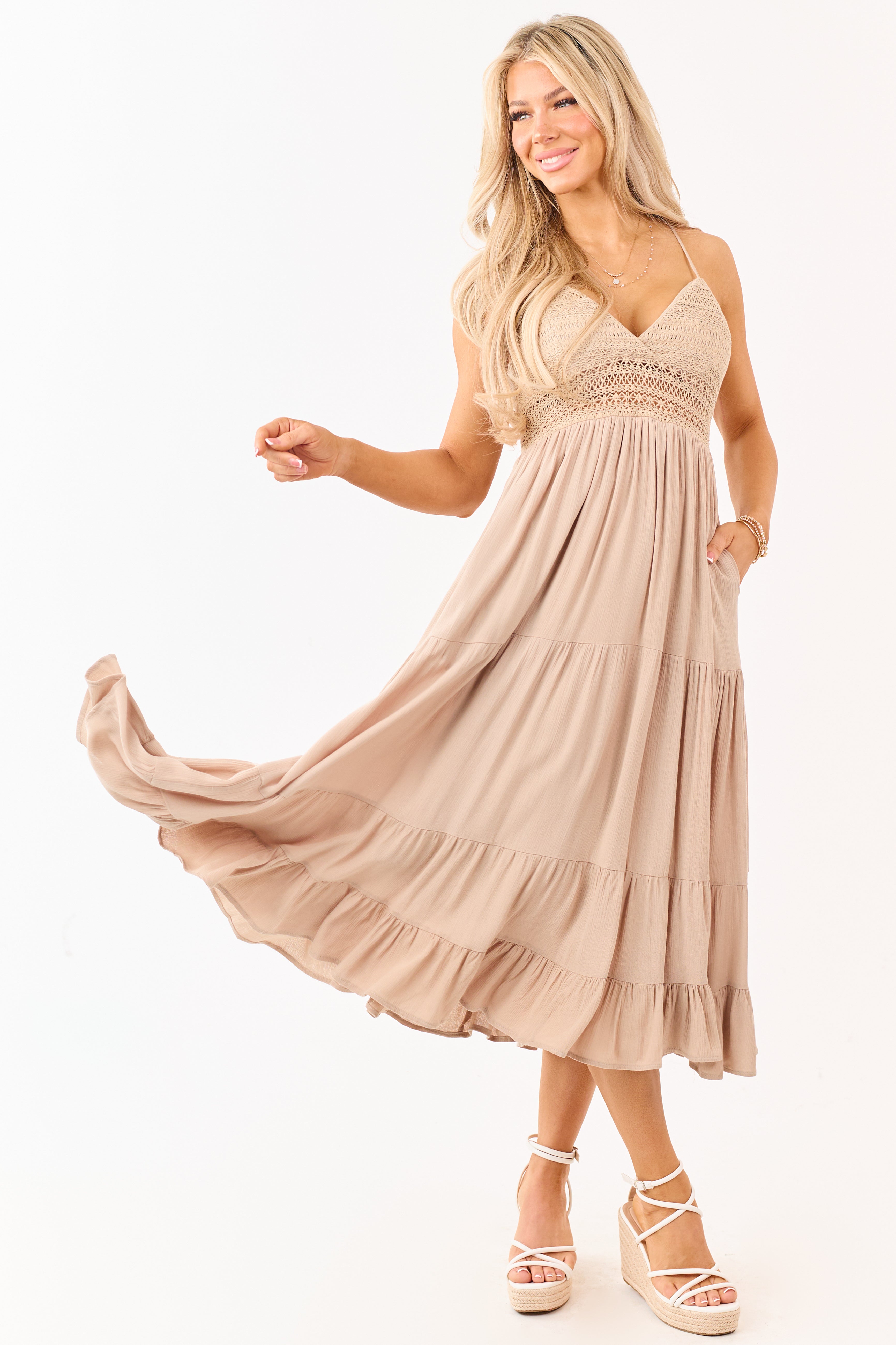 Latte Crochet Sleeveless Deep V-Neck Maxi Dress