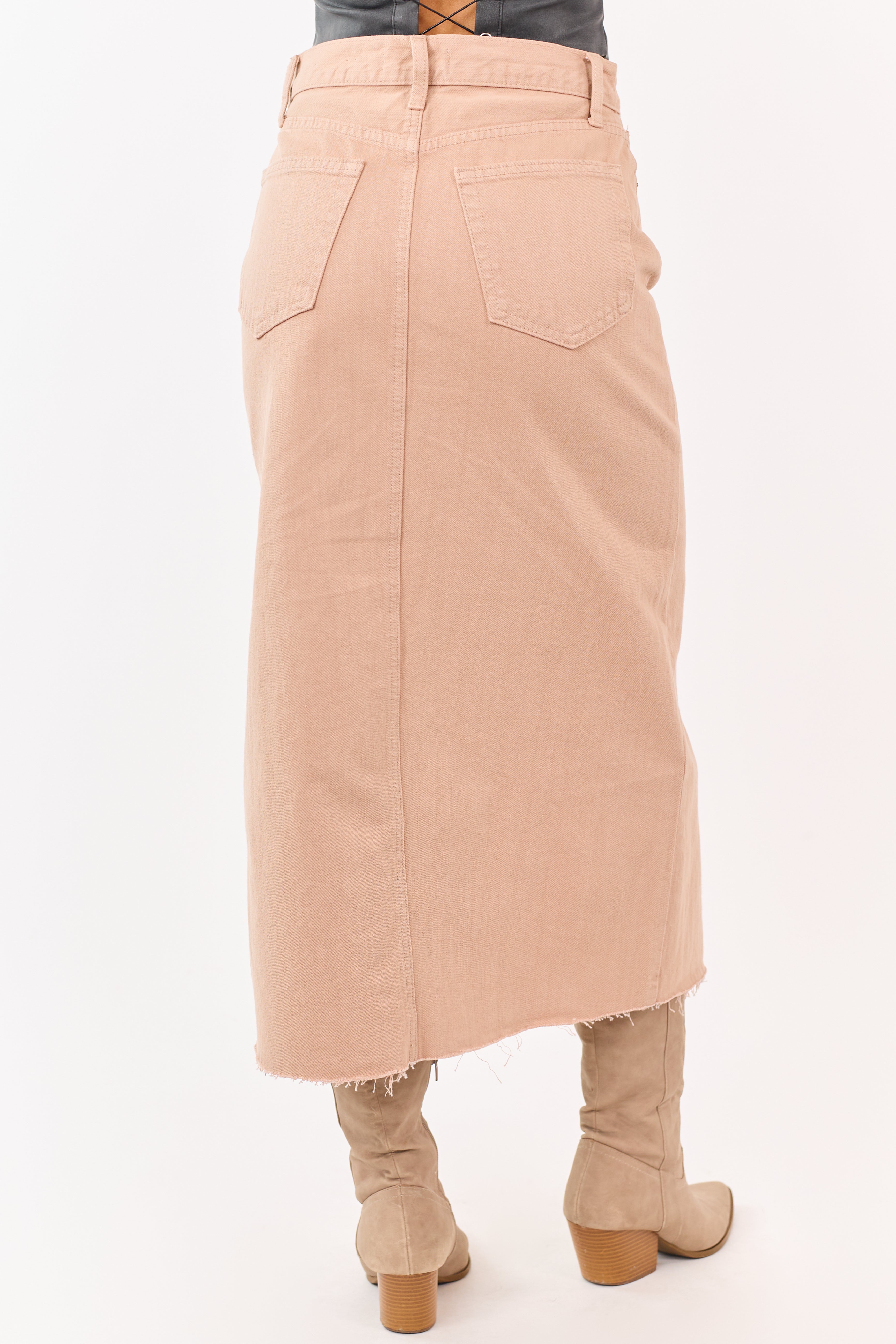 Latte Front Slit Raw Hem Denim Midi Skirt