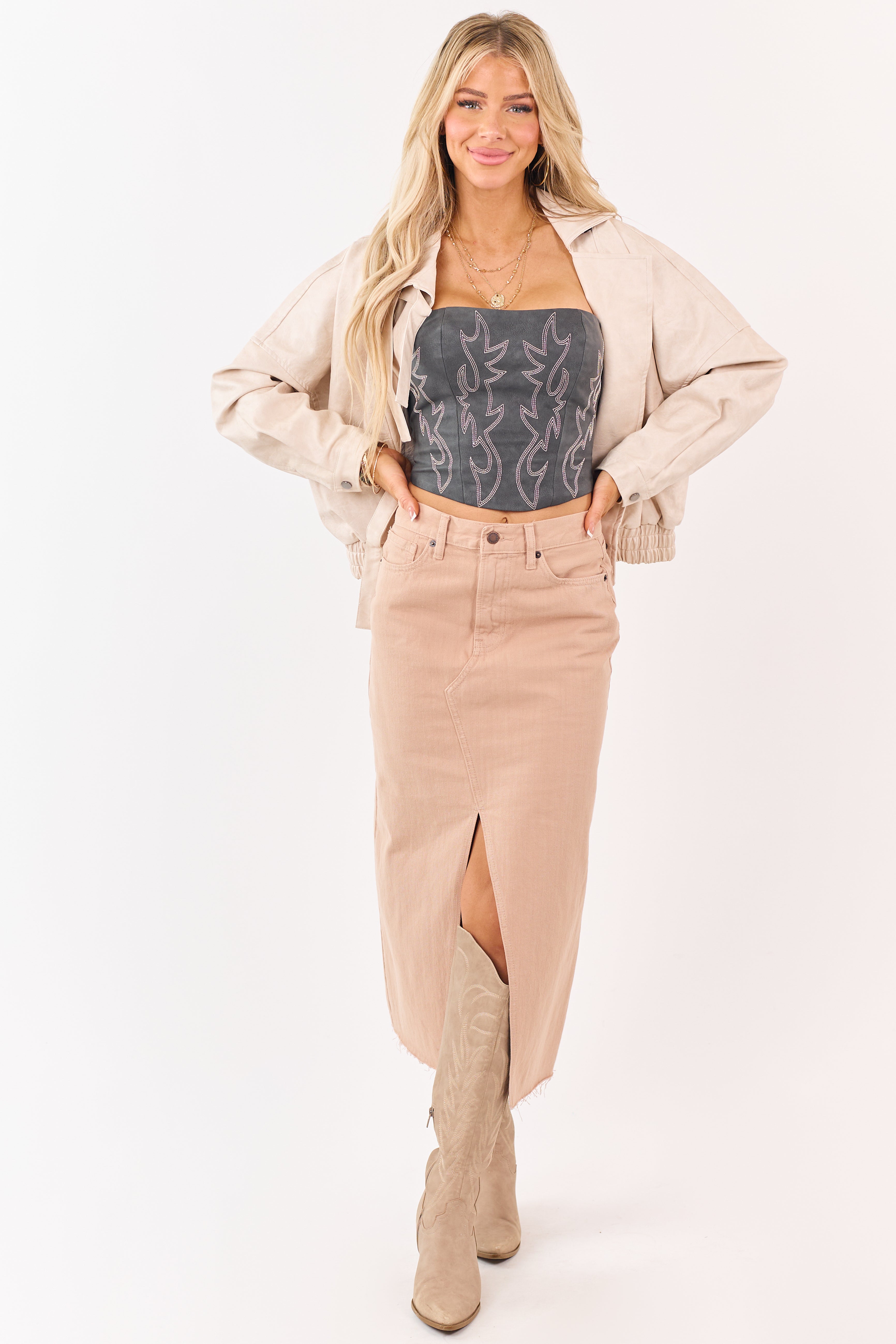 Latte Front Slit Raw Hem Denim Midi Skirt