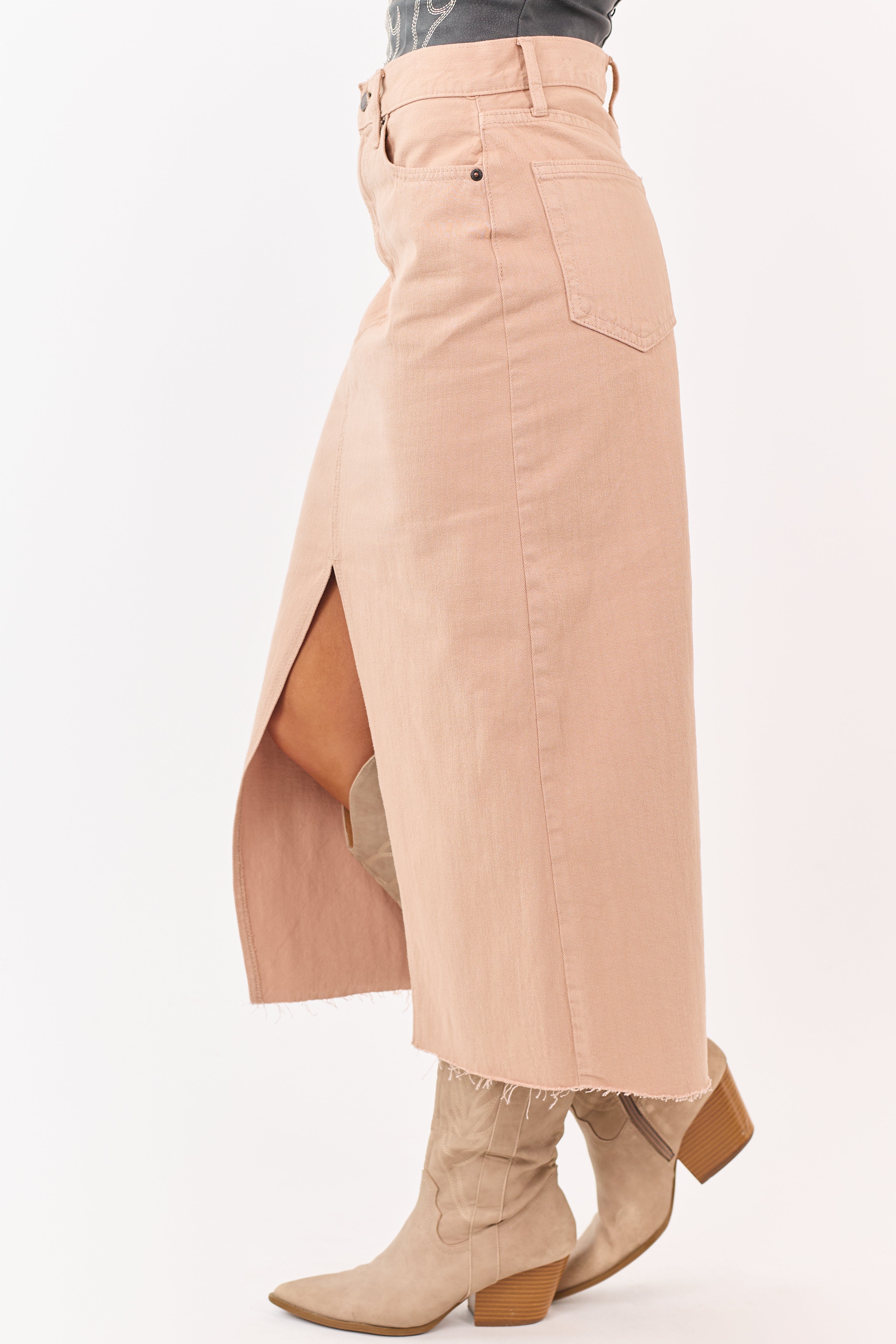 Latte Front Slit Raw Hem Denim Midi Skirt