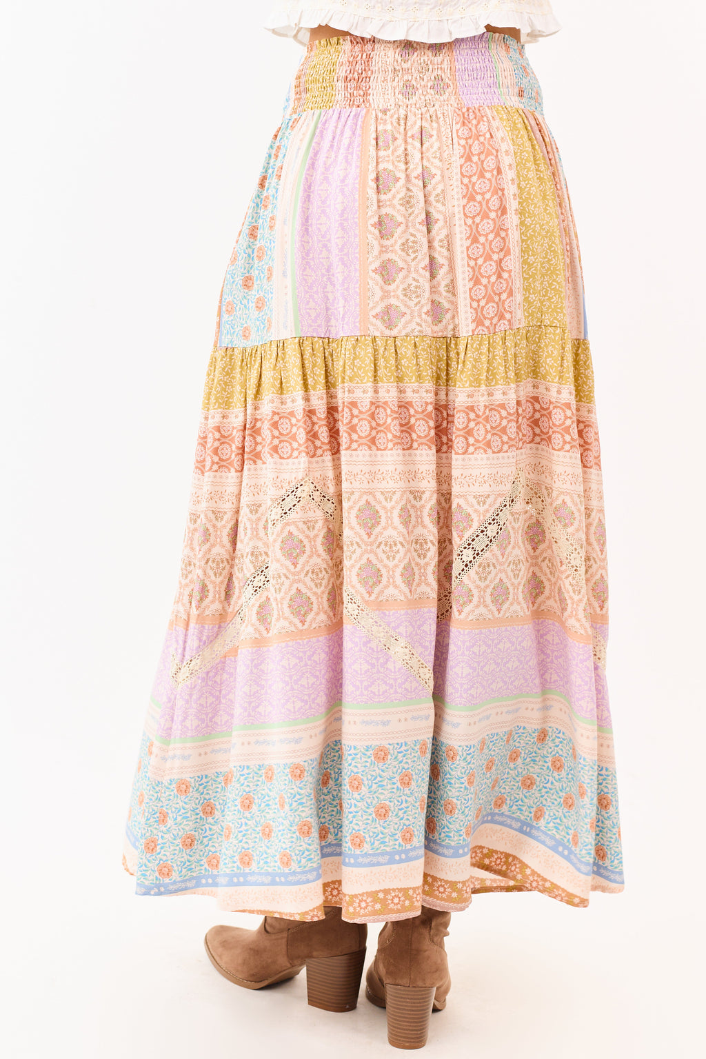 Lavender Floral Patchwork Smocked Waist Maxi Skirt