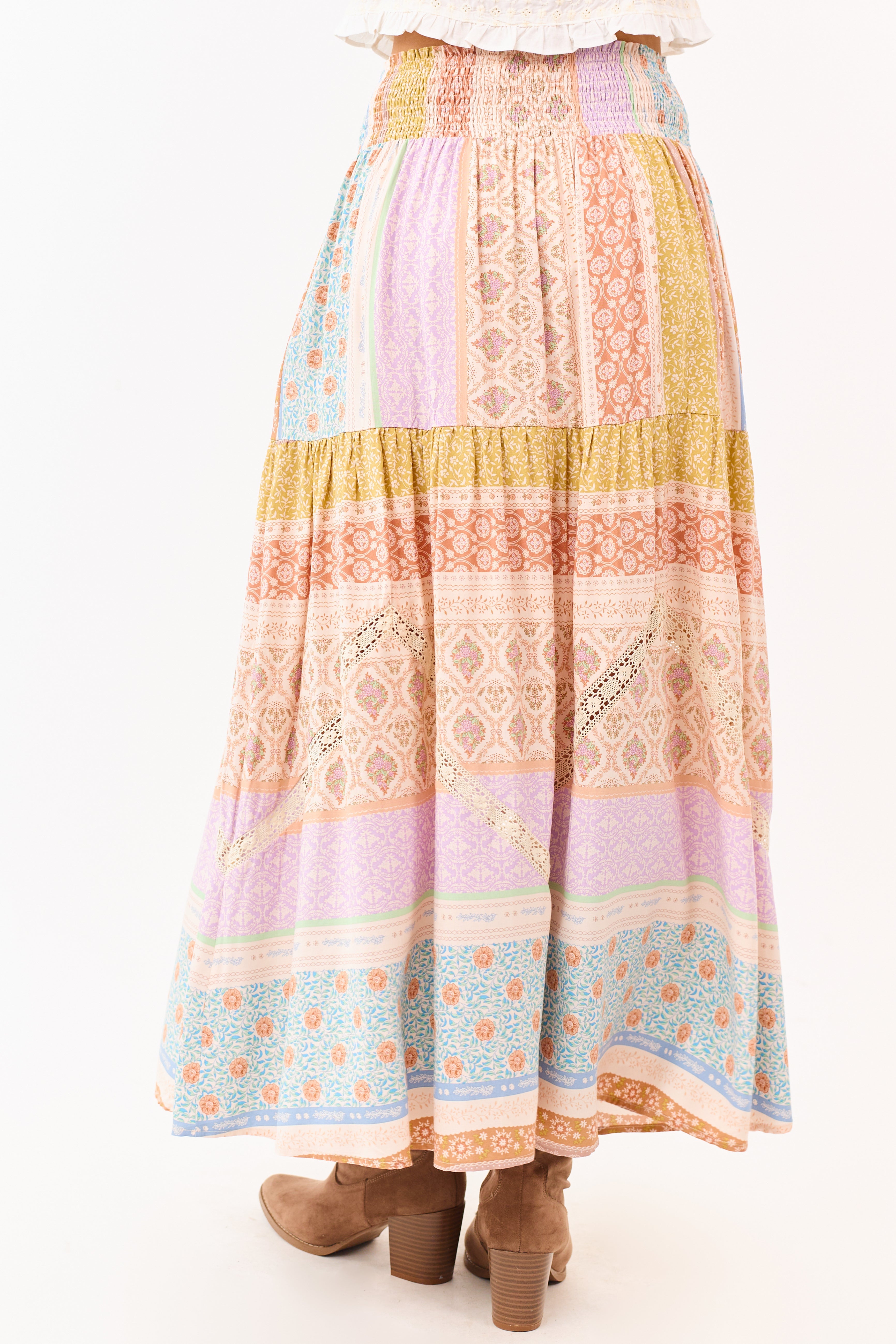 Lavender Floral Patchwork Smocked Waist Maxi Skirt