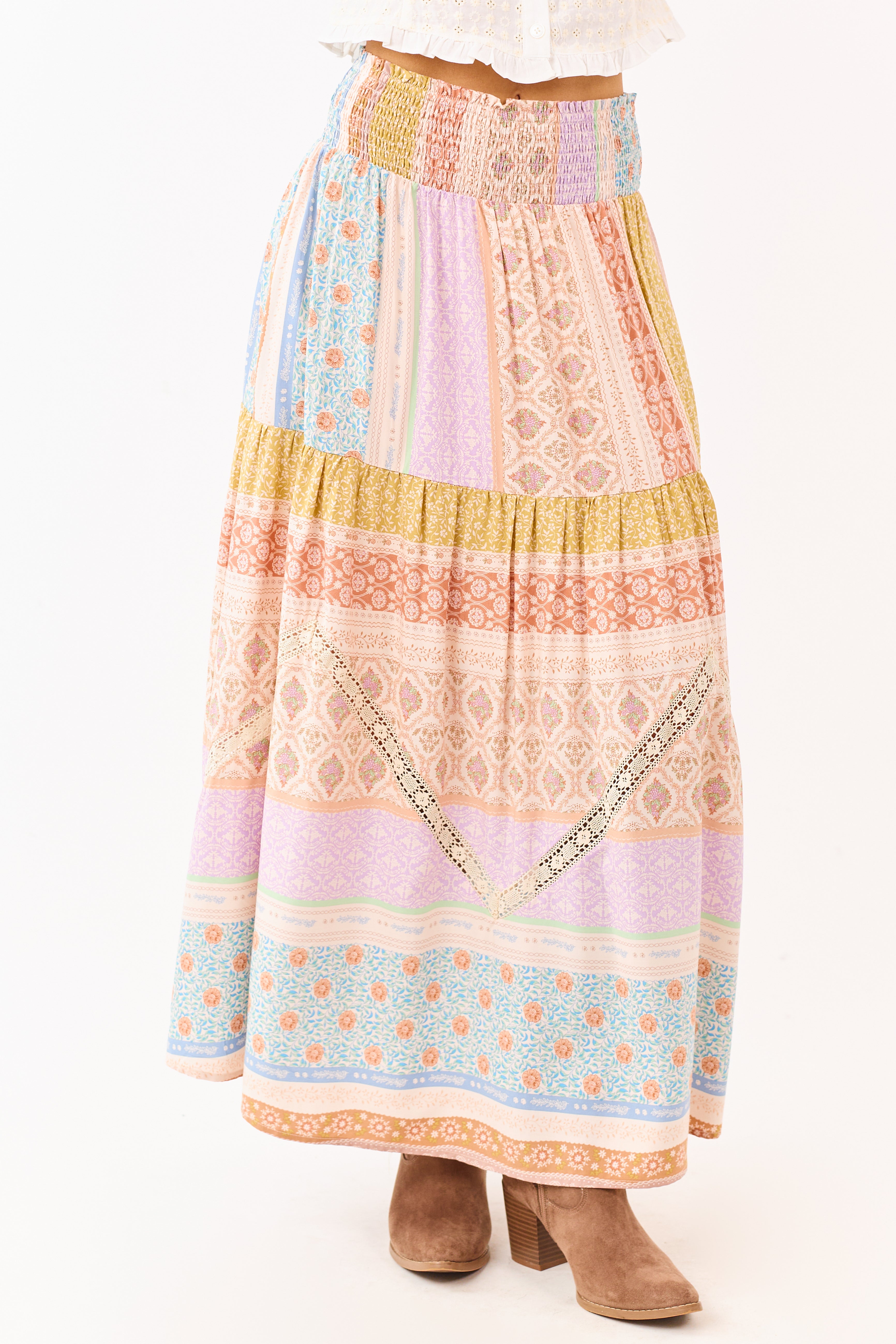 Lavender Floral Patchwork Smocked Waist Maxi Skirt