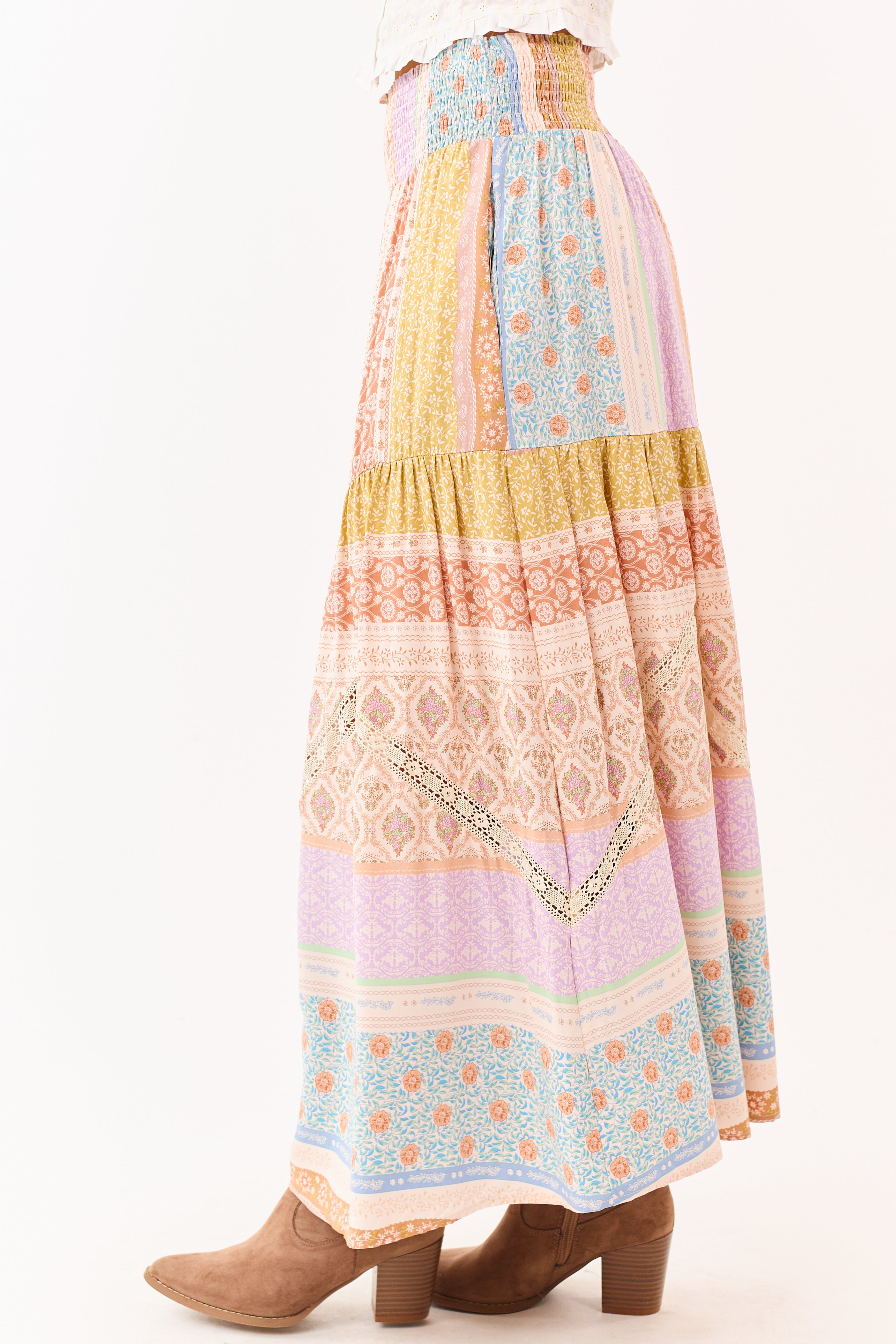 Lavender Floral Patchwork Smocked Waist Maxi Skirt