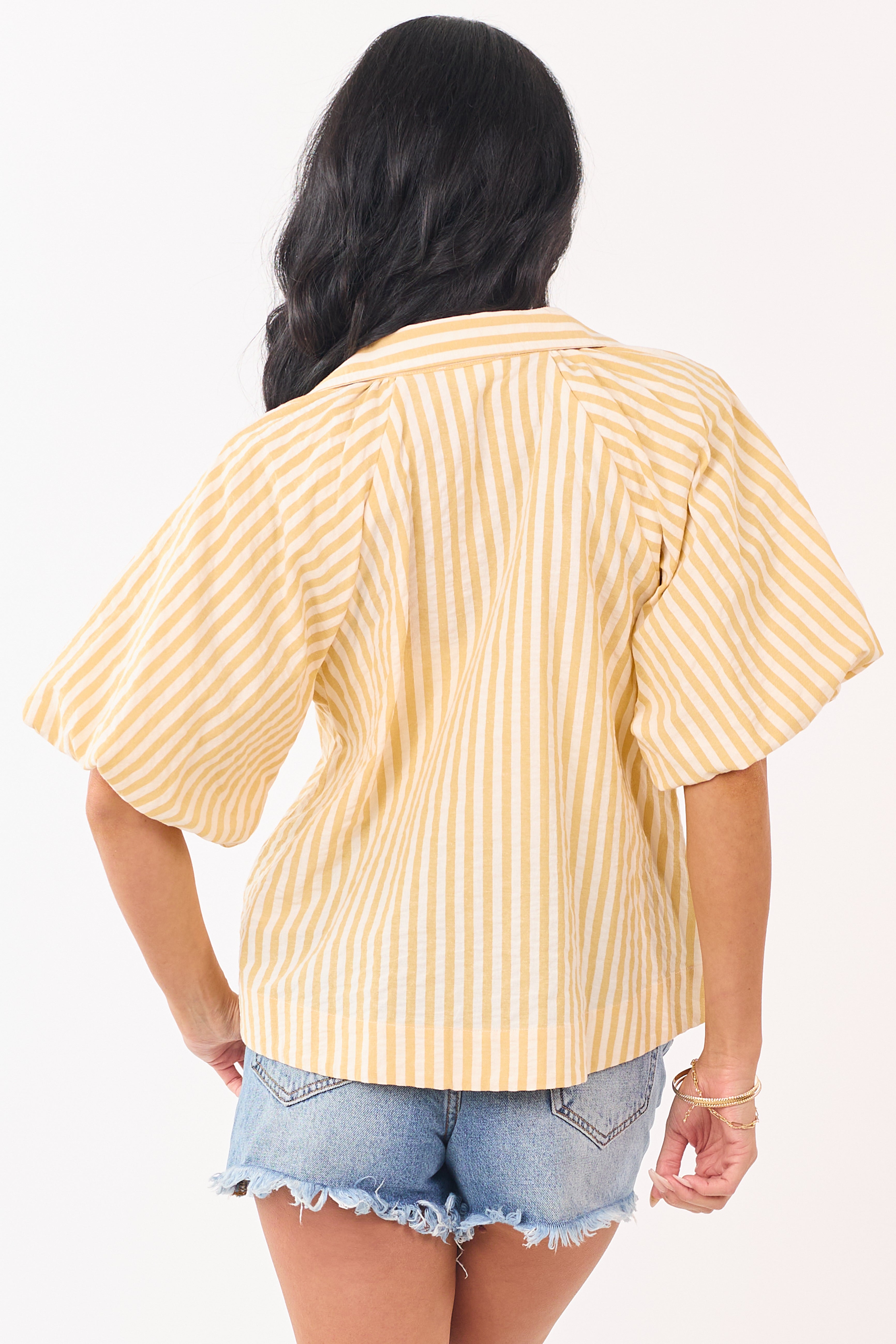 Light Mustard Striped Half Puff Sleeve Button Up Top
