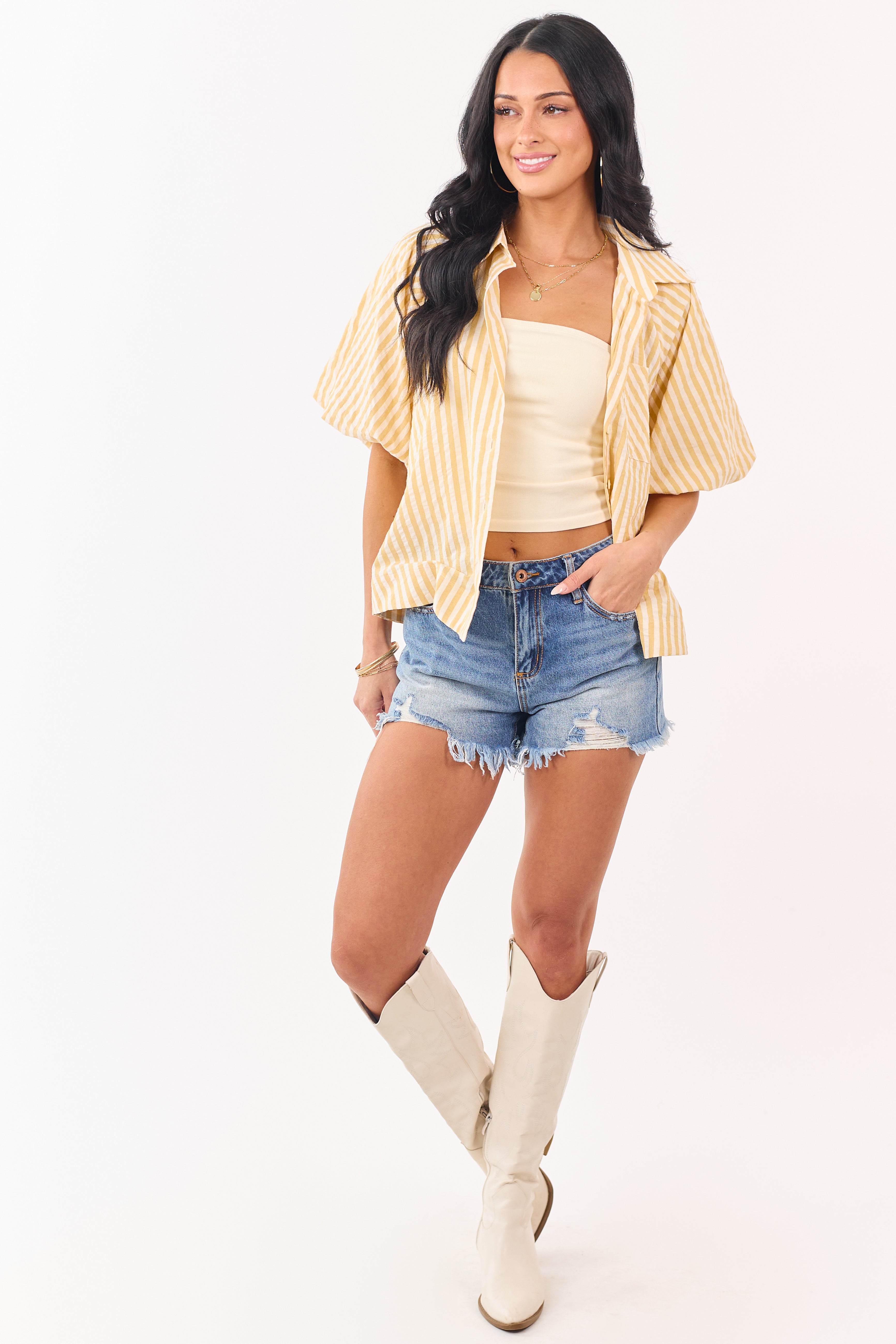 Light Mustard Striped Half Puff Sleeve Button Up Top