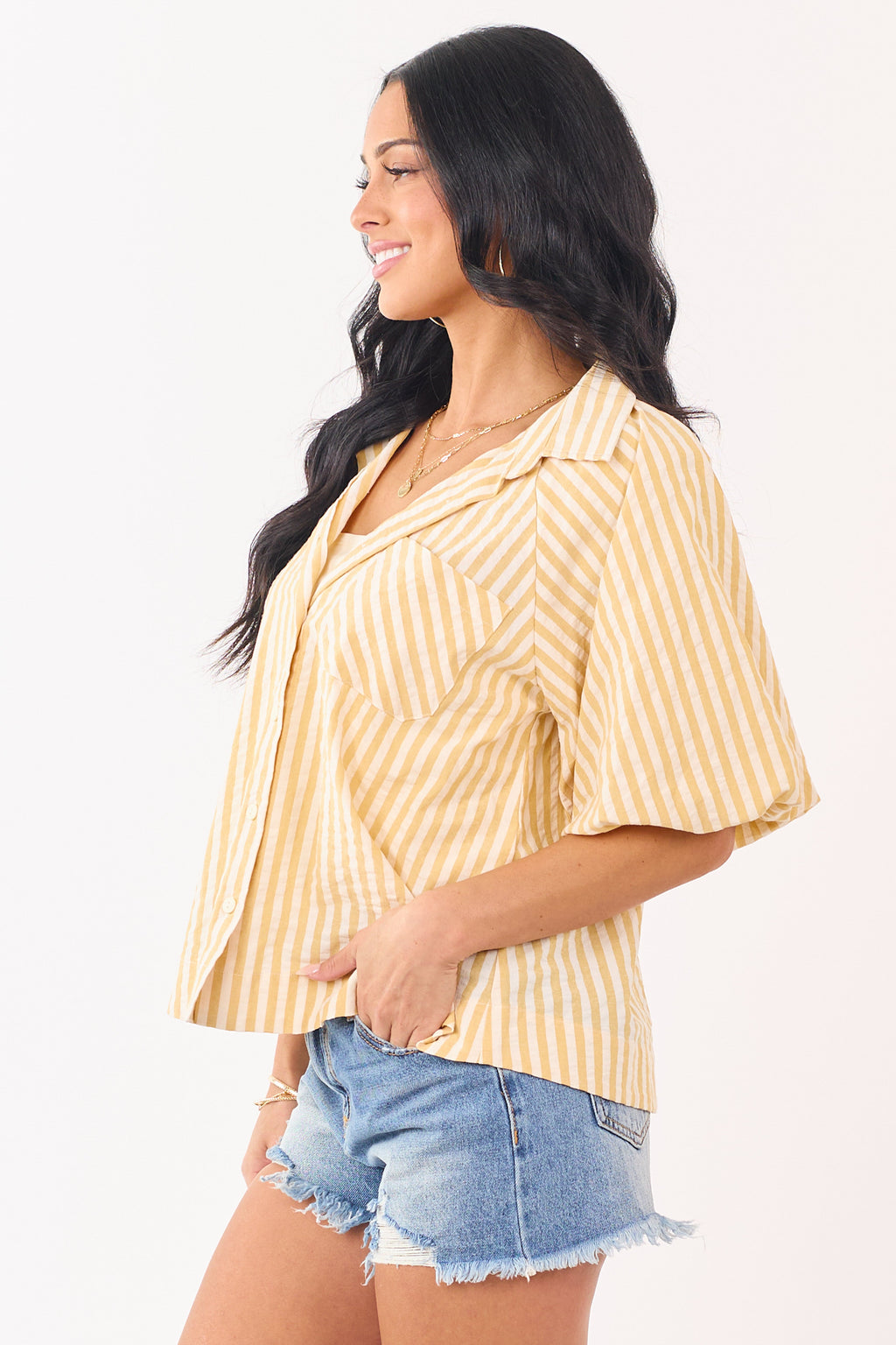 Light Mustard Striped Half Puff Sleeve Button Up Top