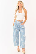 Light Wash Floral Elastic Waist Barrel Jeans