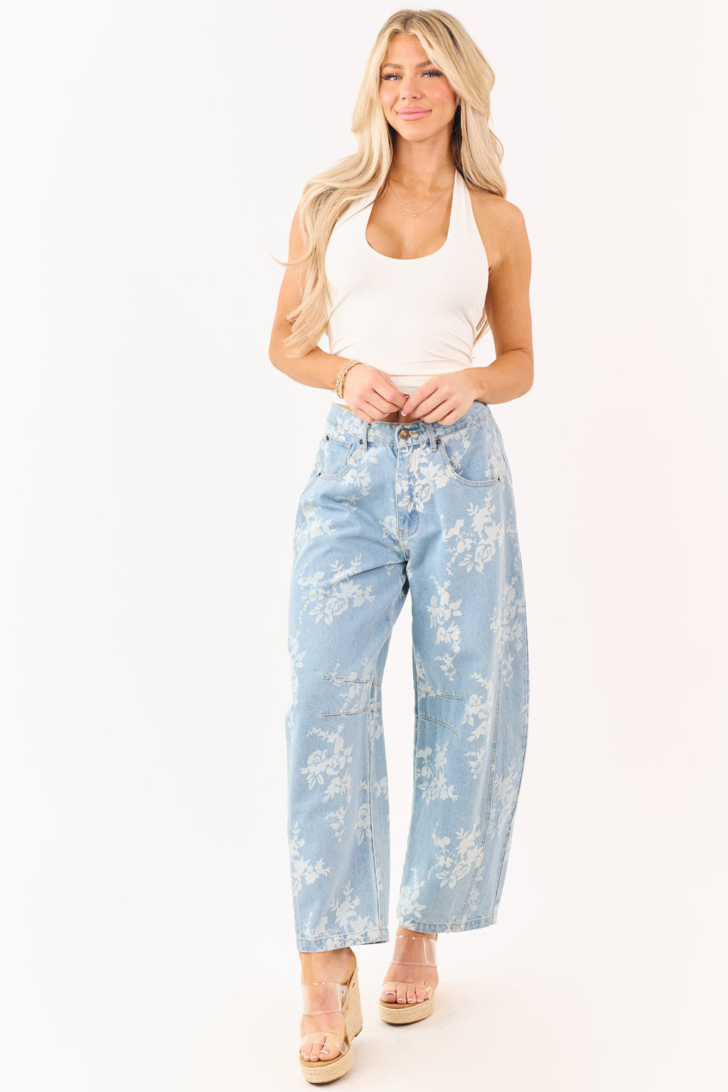 Light Wash Floral Elastic Waist Barrel Jeans