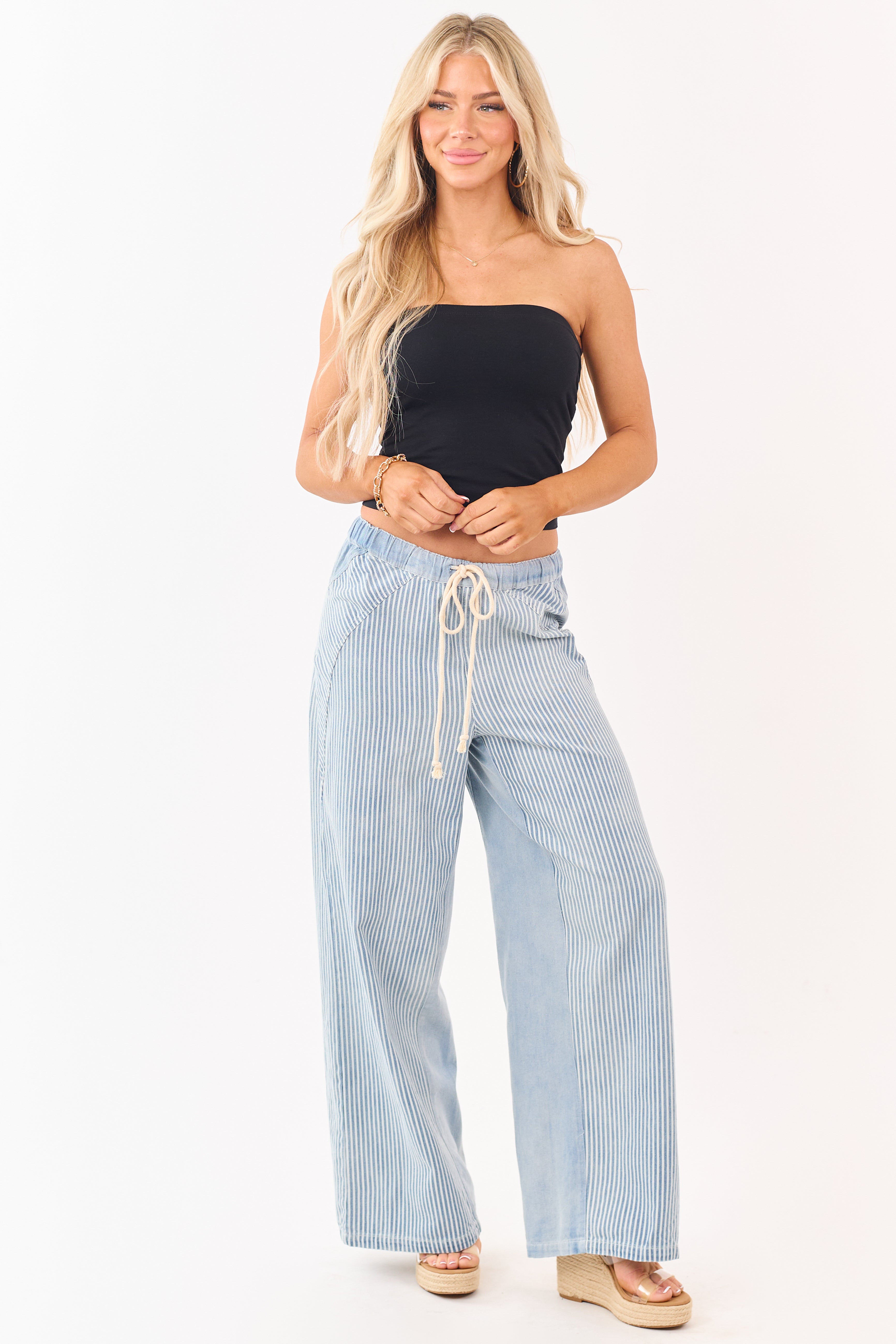 Light Wash Railroad Stripe Wide Leg Denim Pants