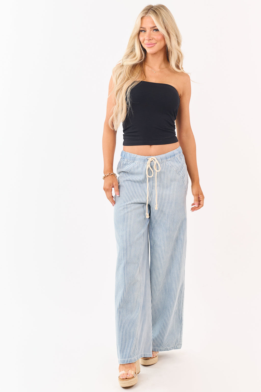 Light Wash Railroad Stripe Wide Leg Denim Pants