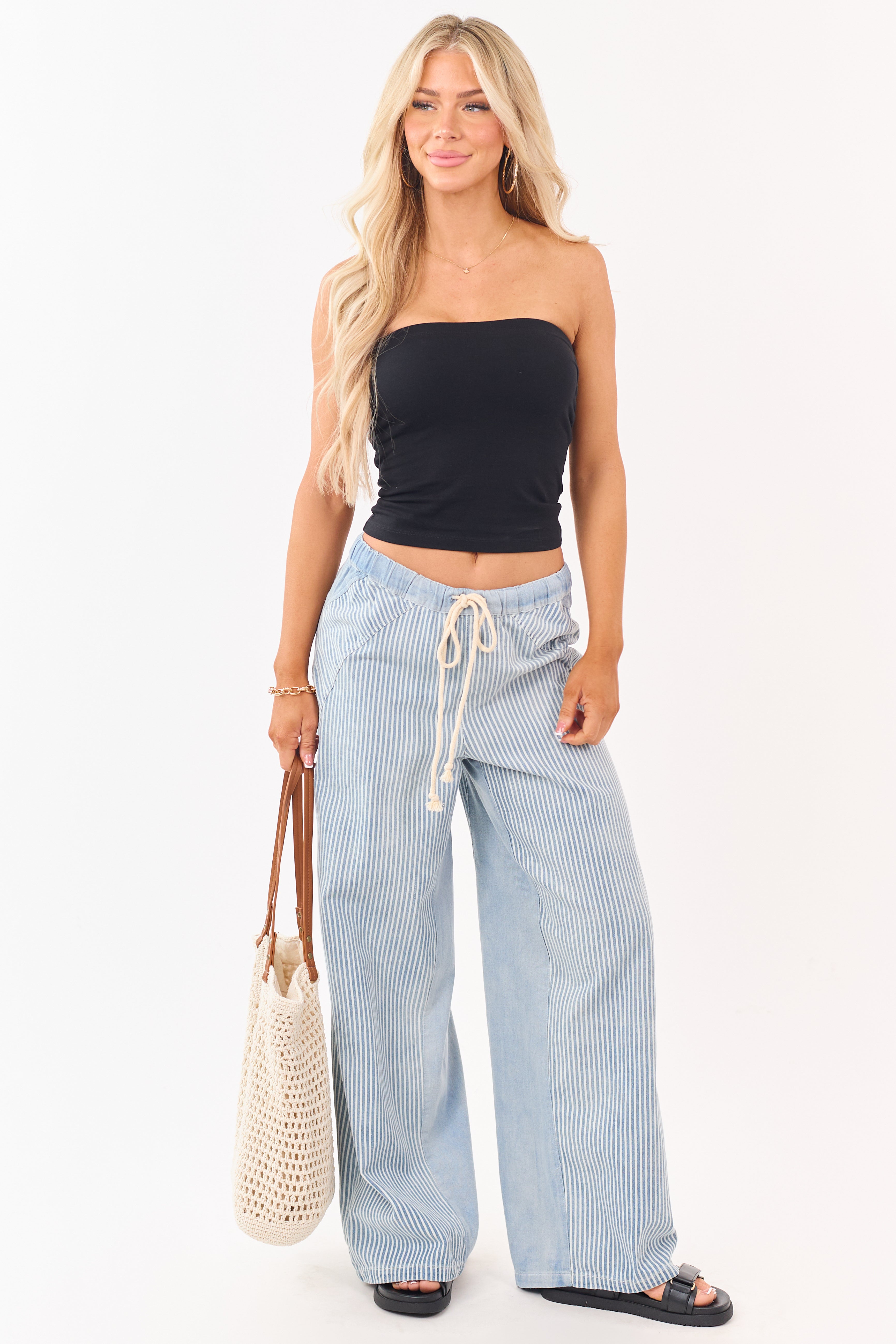 Light Wash Railroad Stripe Wide Leg Denim Pants