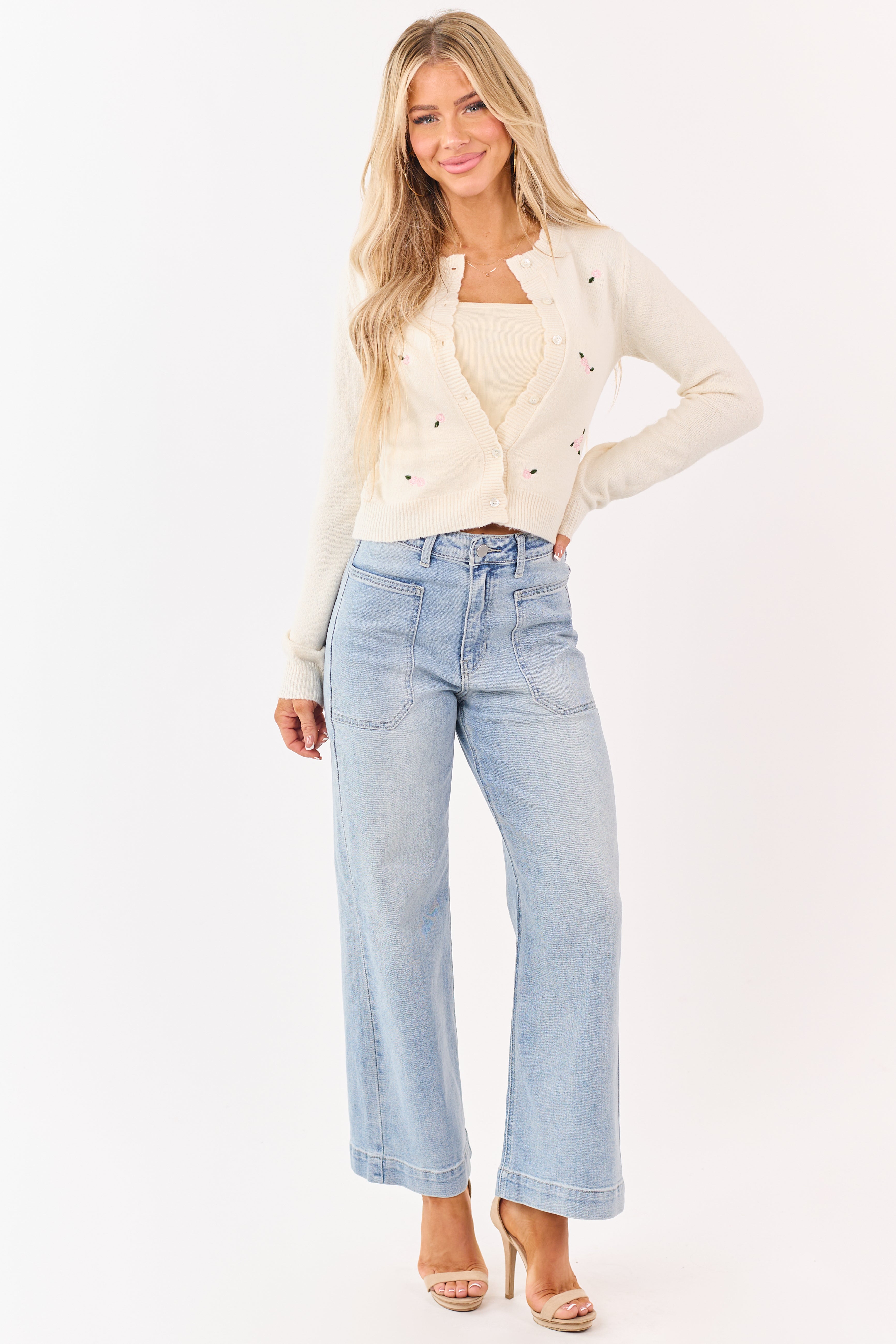 Light Wash Stretchy Wide Leg Utility Jeans