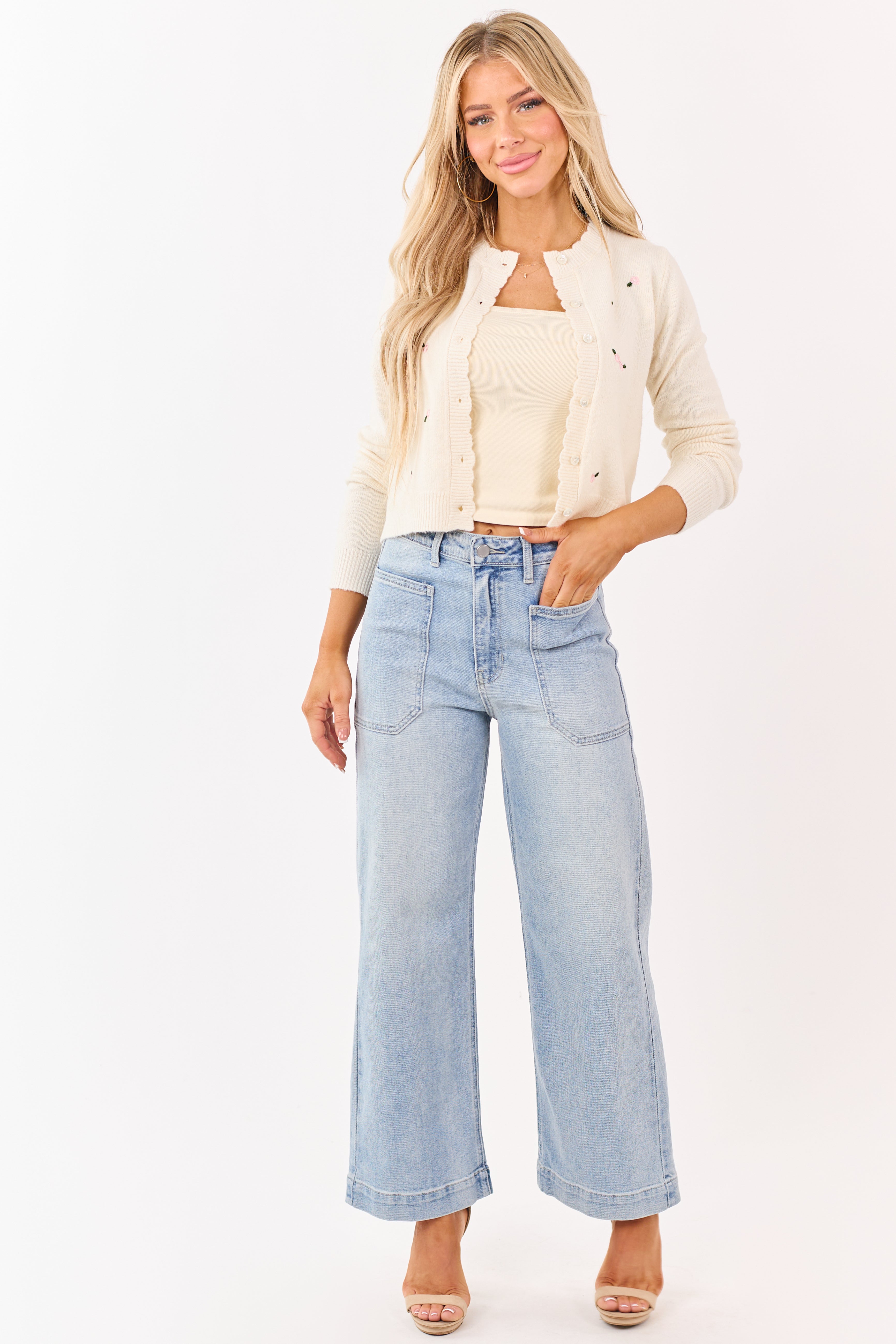 Light Wash Stretchy Wide Leg Utility Jeans