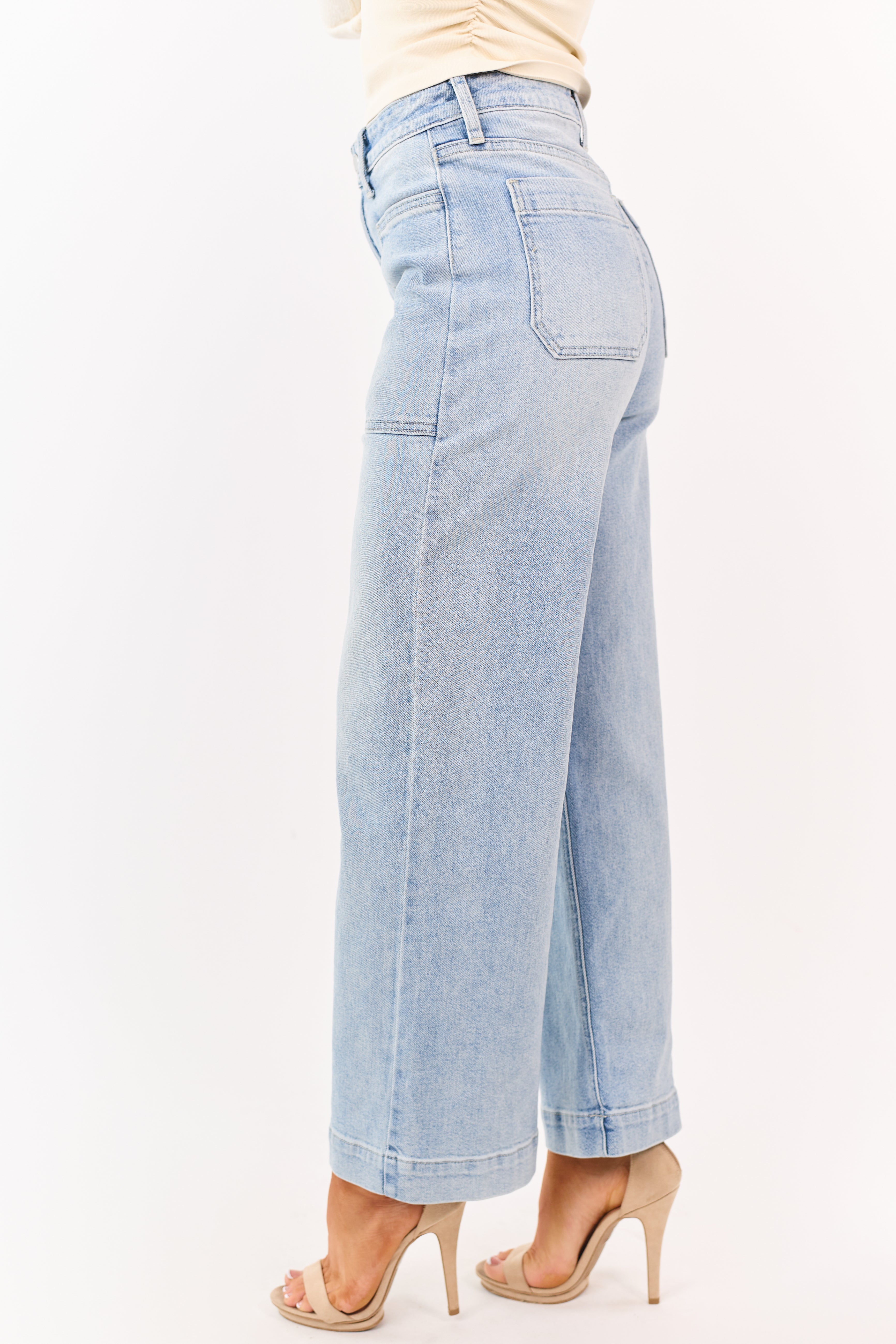 Light Wash Stretchy Wide Leg Utility Jeans