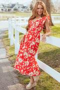 Lipstick V Neck Floral Print Button Down Midi Dress