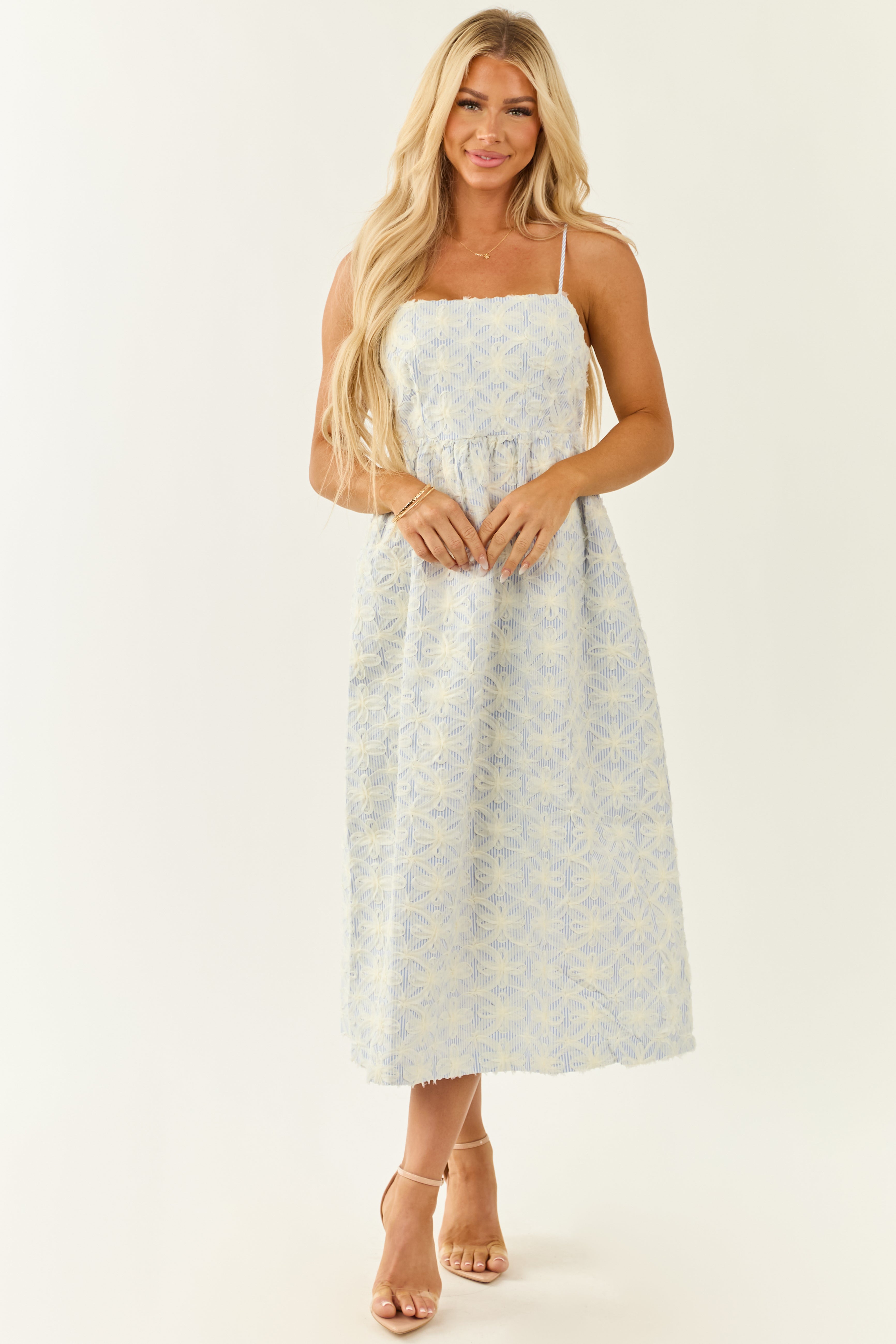 Lovelo White 3D Floral Mesh Sleeveless Midi Dress