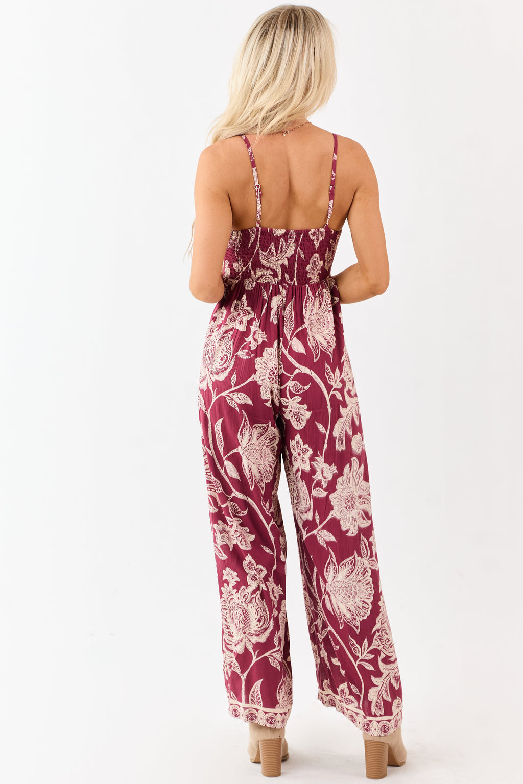 Maroon Floral Print Tie Bust Wide Leg Jumpsuit