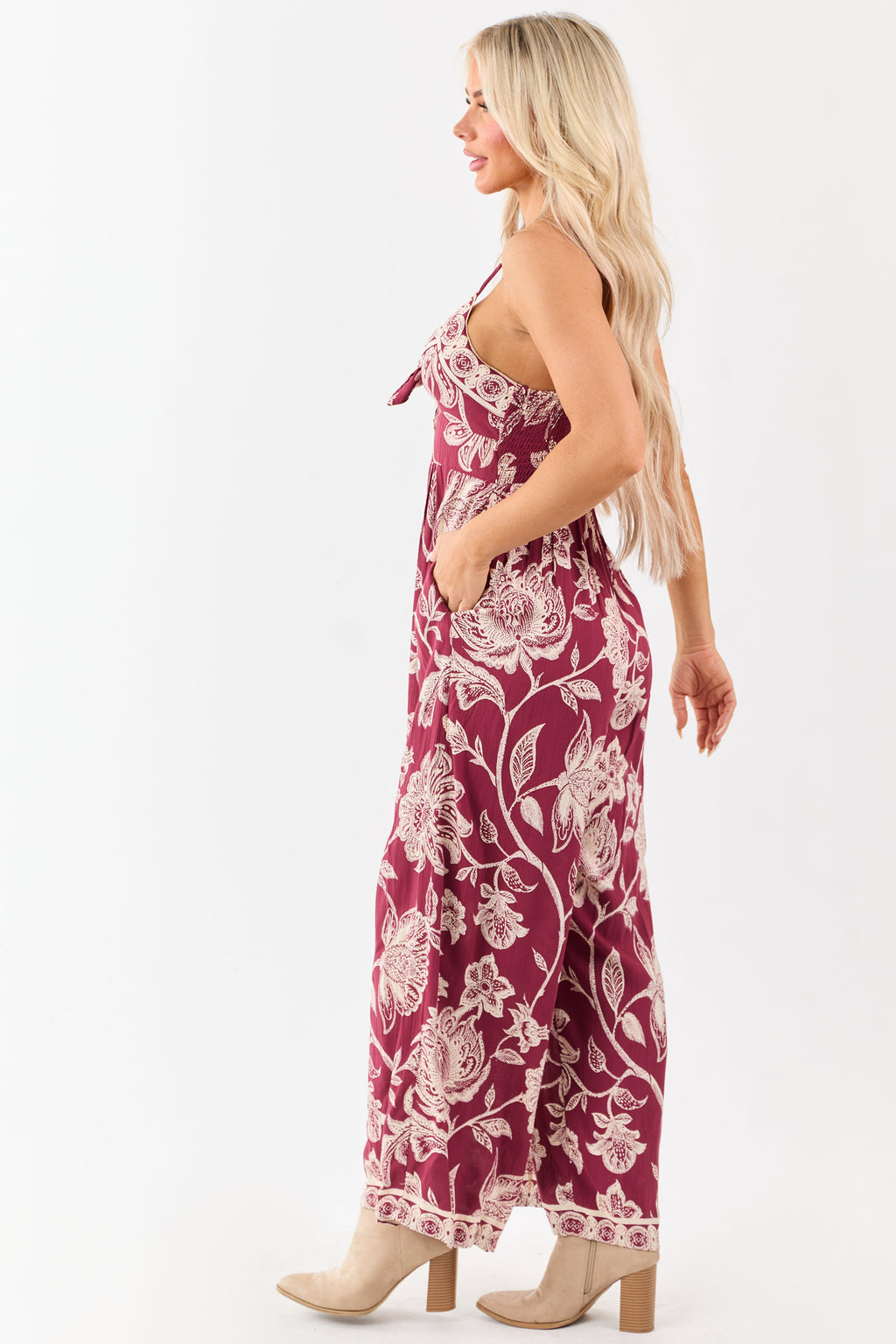 Maroon Floral Print Tie Bust Wide Leg Jumpsuit