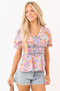 Mauve Floral Cotton Smocked Waist Peplum Top