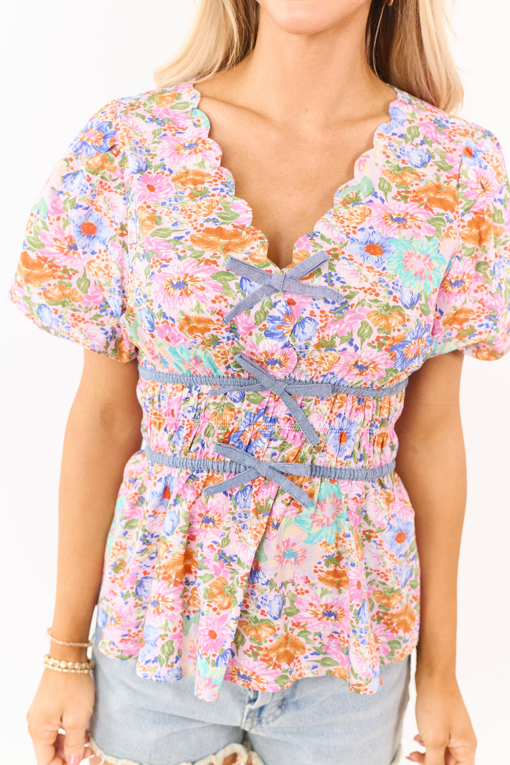 Mauve Floral Cotton Smocked Waist Peplum Top