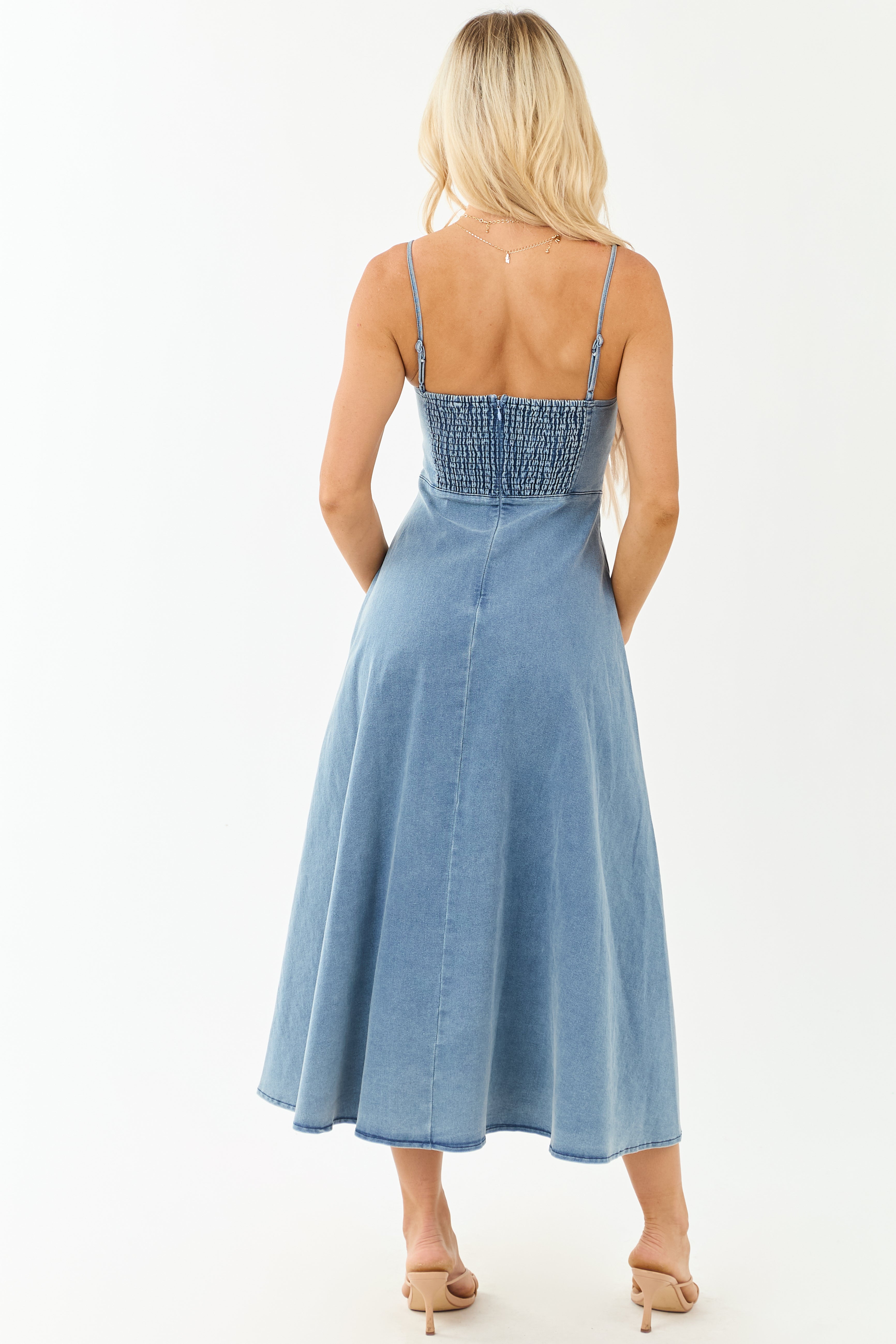 Medium Wash Denim A-Line Sleeveless Midi Dress