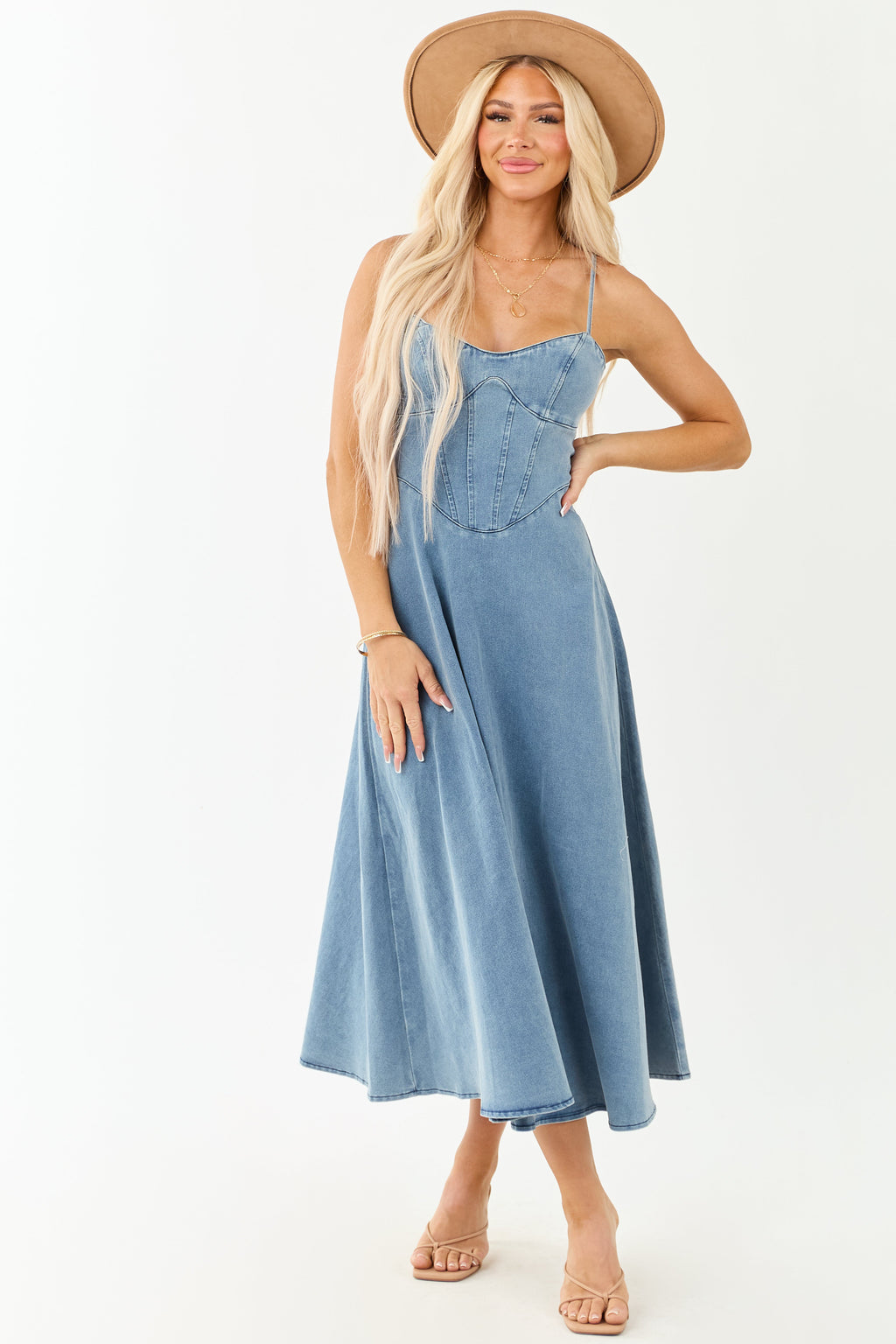 Medium Wash Denim A-Line Sleeveless Midi Dress