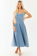 Medium Wash Denim A-Line Sleeveless Midi Dress