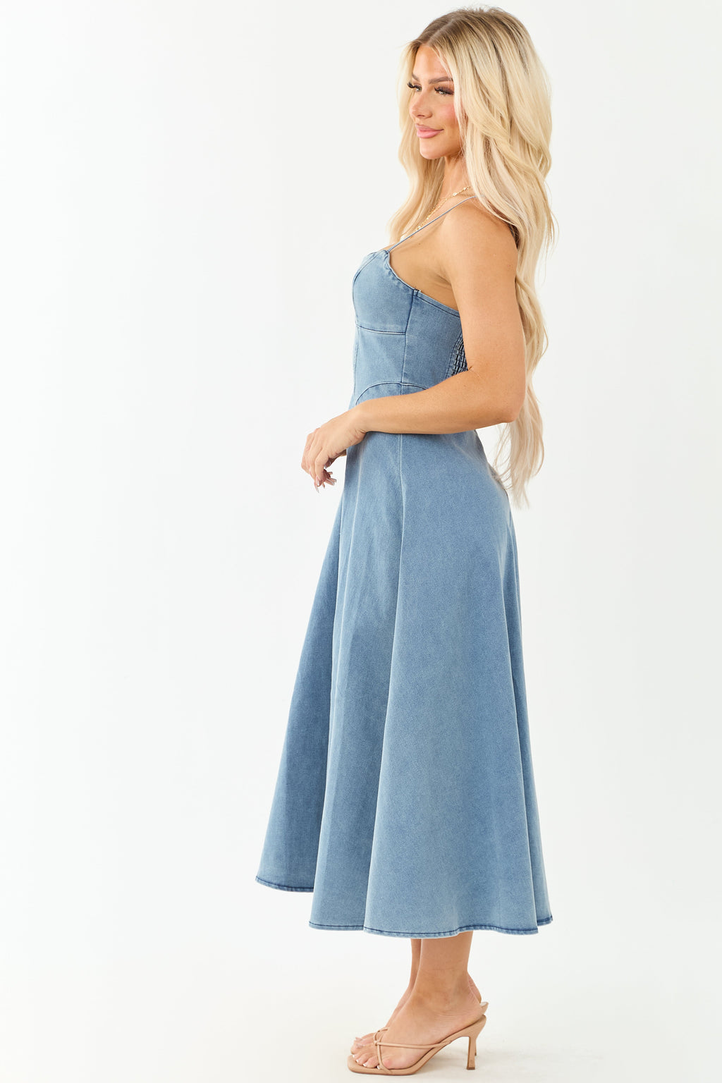 Medium Wash Denim A-Line Sleeveless Midi Dress