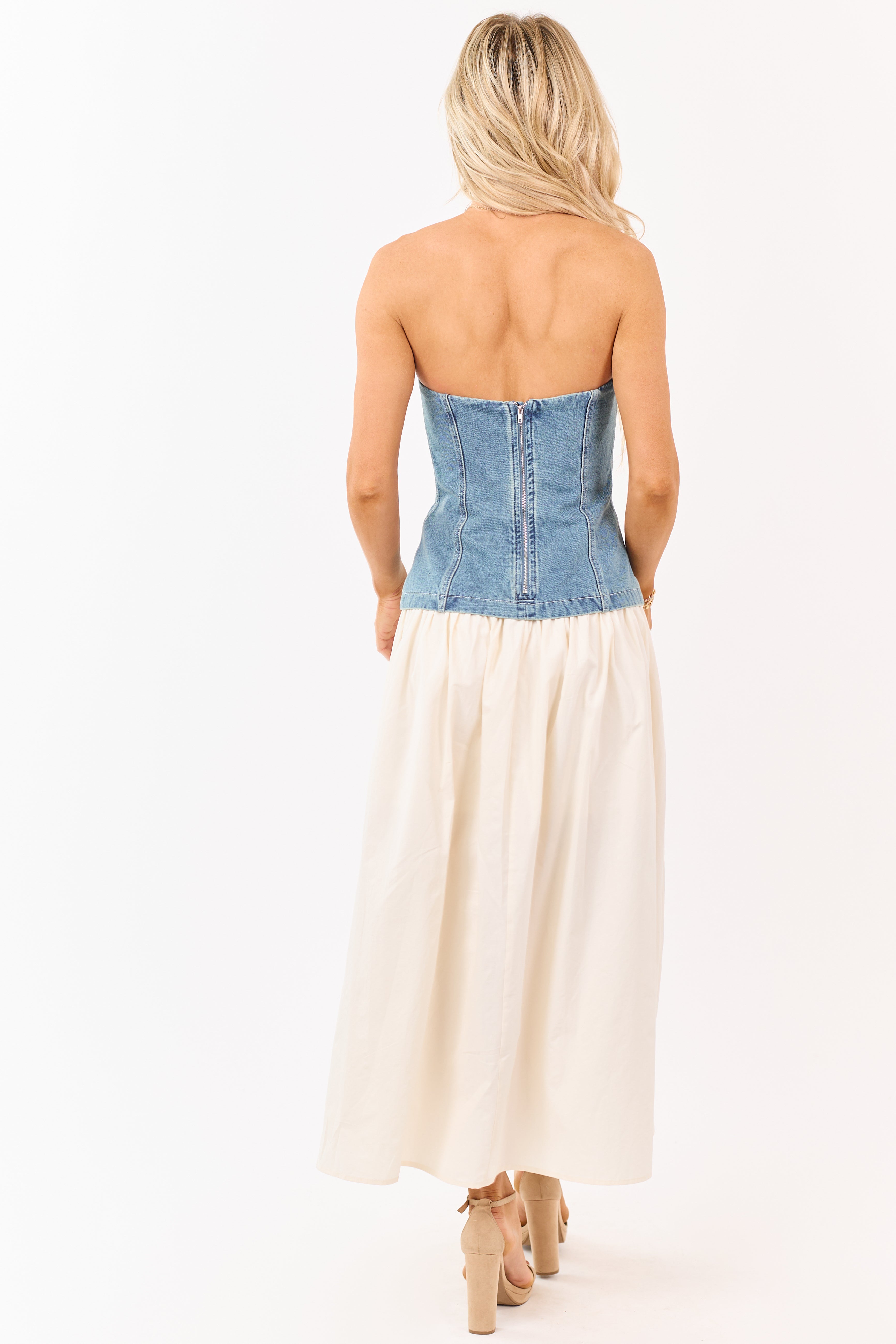 Medium Wash Denim Strapless Contrast Midi Dress