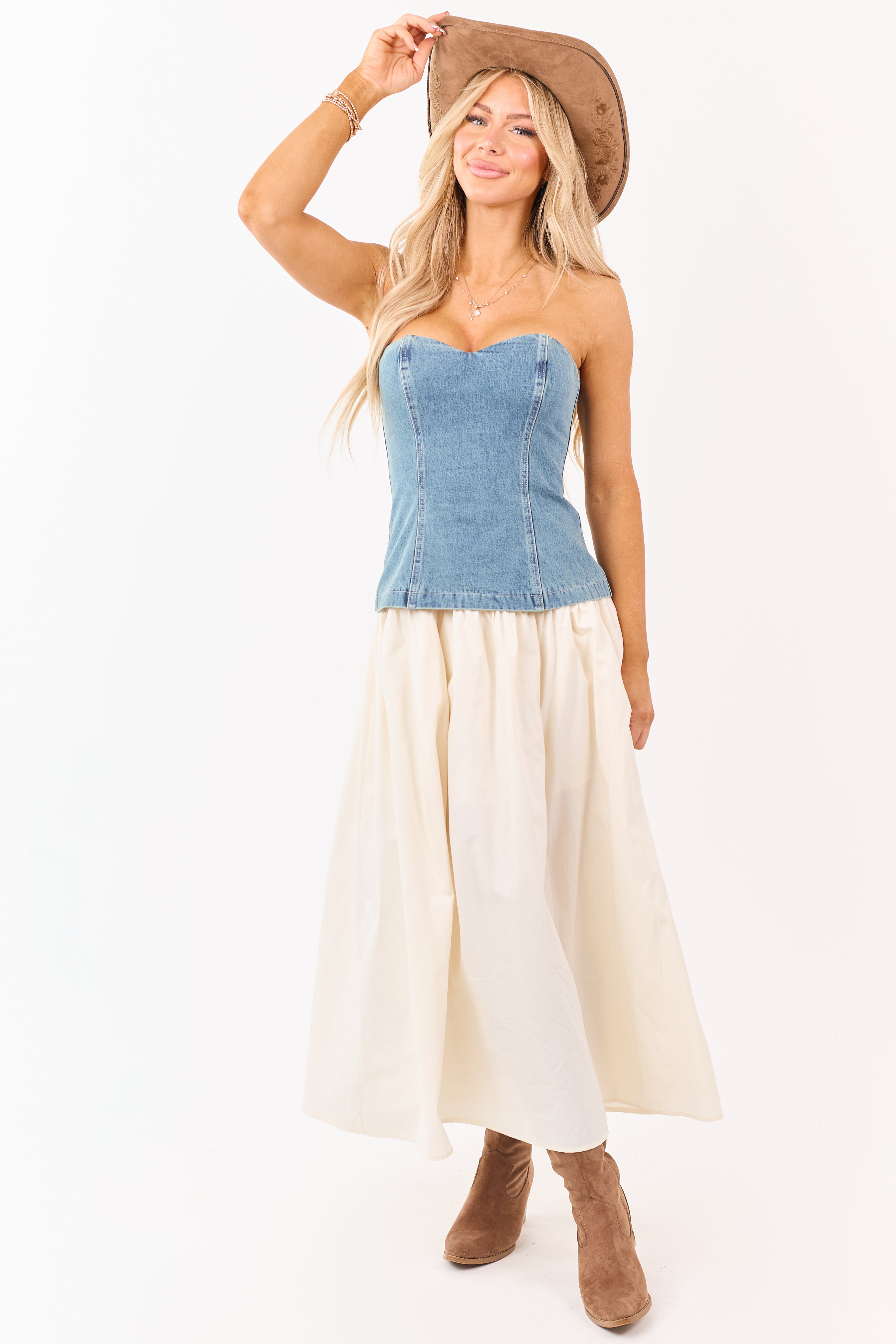 Medium Wash Denim Strapless Contrast Midi Dress