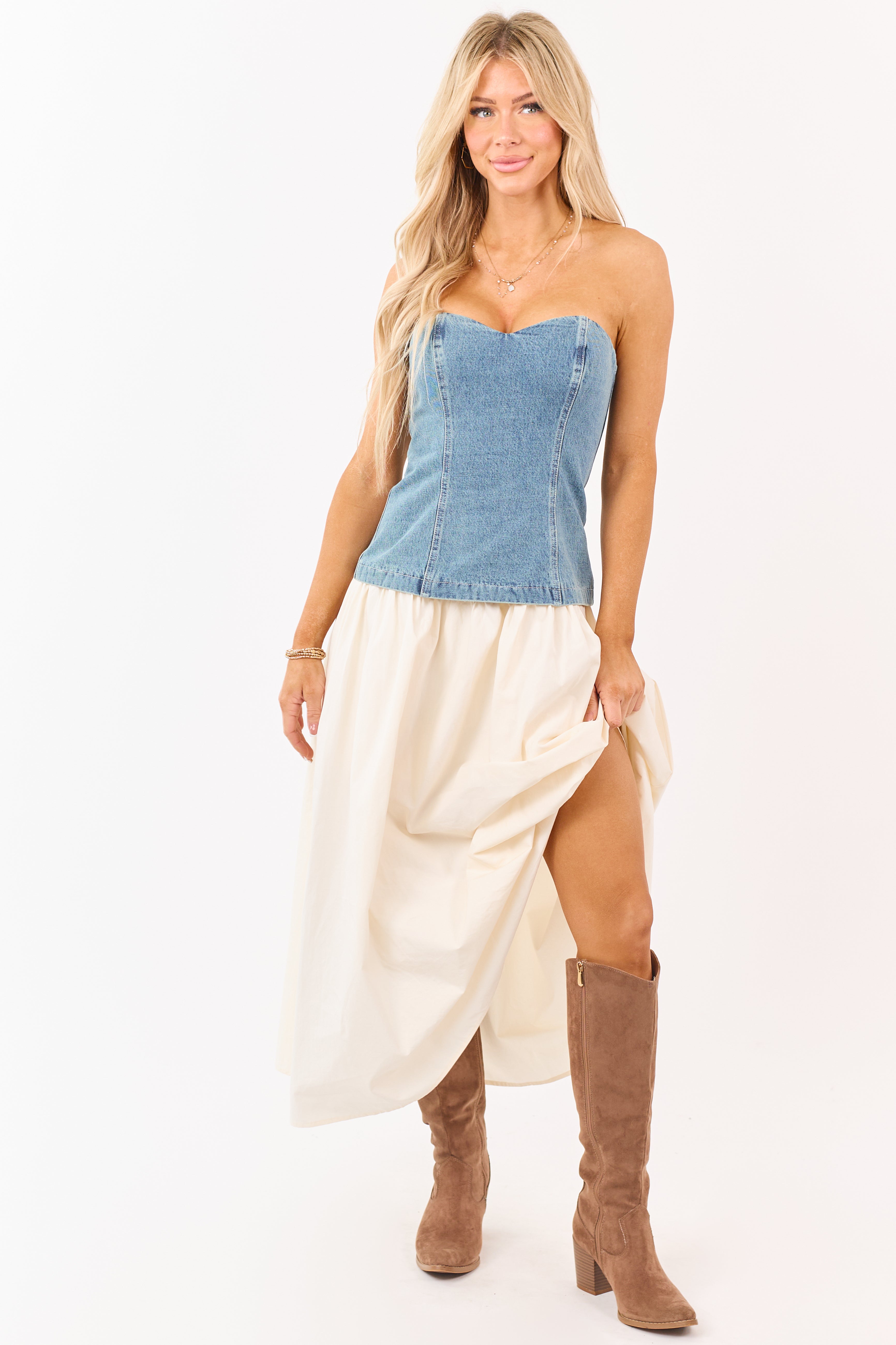 Medium Wash Denim Strapless Contrast Midi Dress