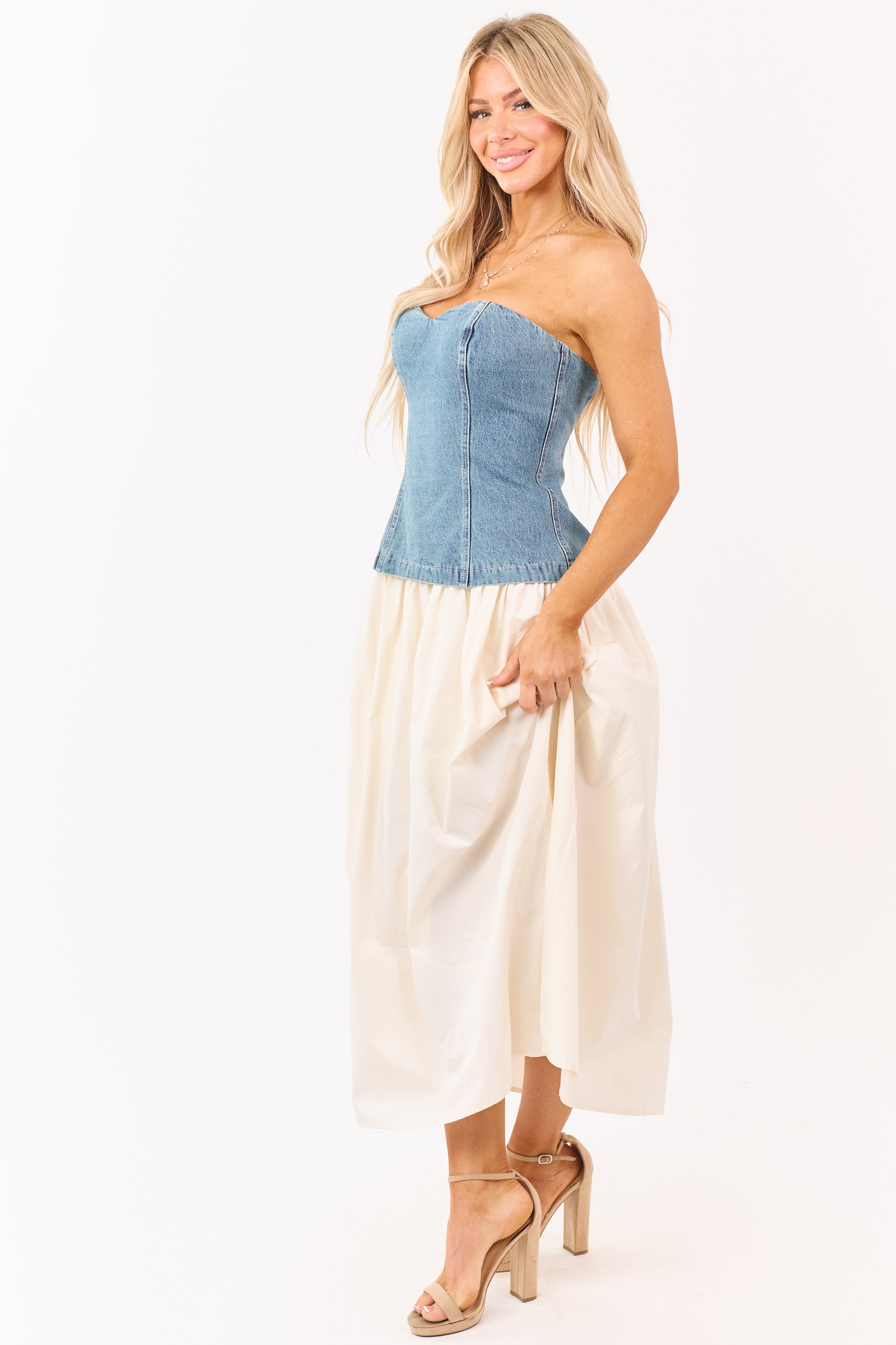 Medium Wash Denim Strapless Contrast Midi Dress