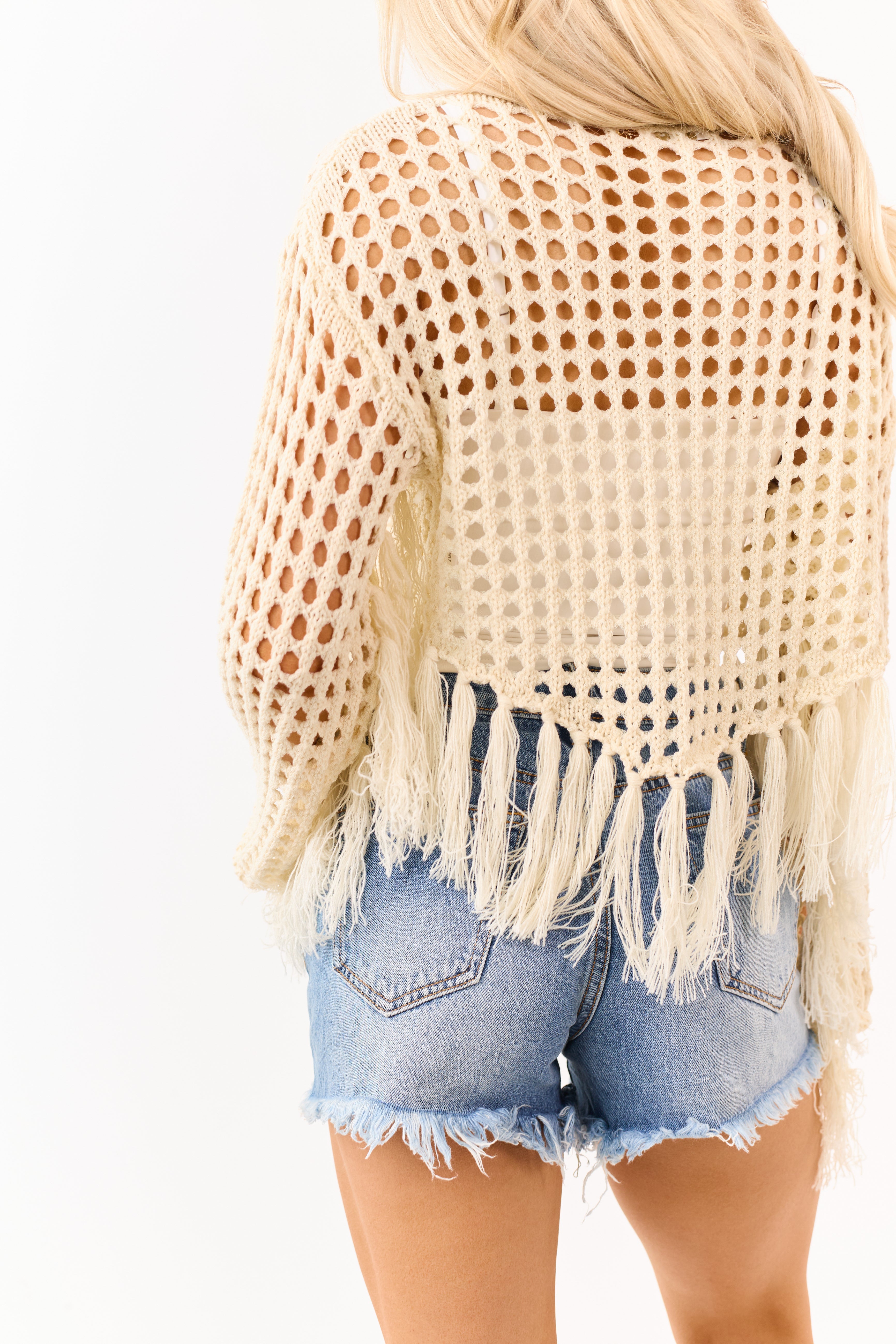 Mello Cream Fishnet Tassel Trim Boat Neck Sweater