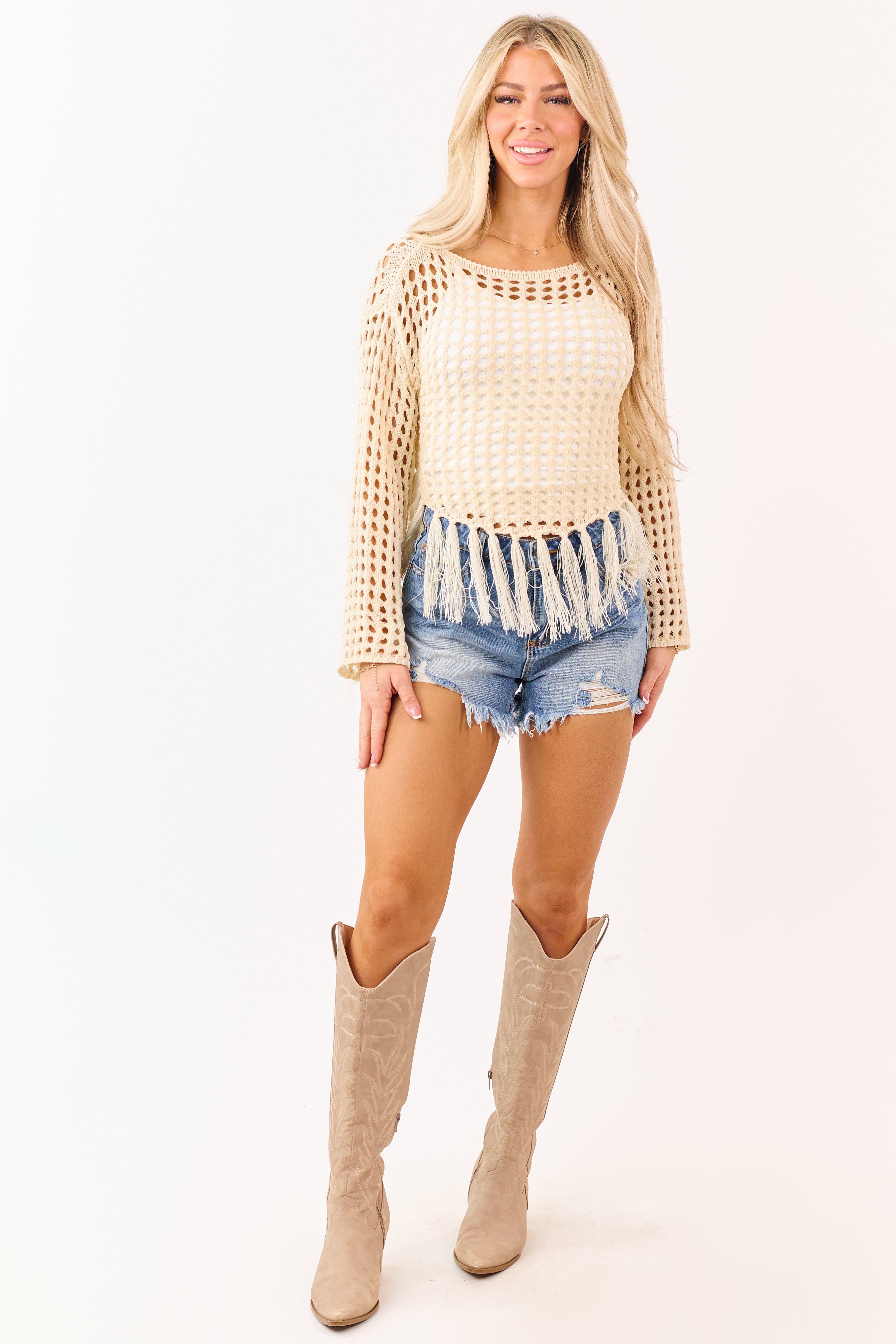 Mello Cream Fishnet Tassel Trim Boat Neck Sweater