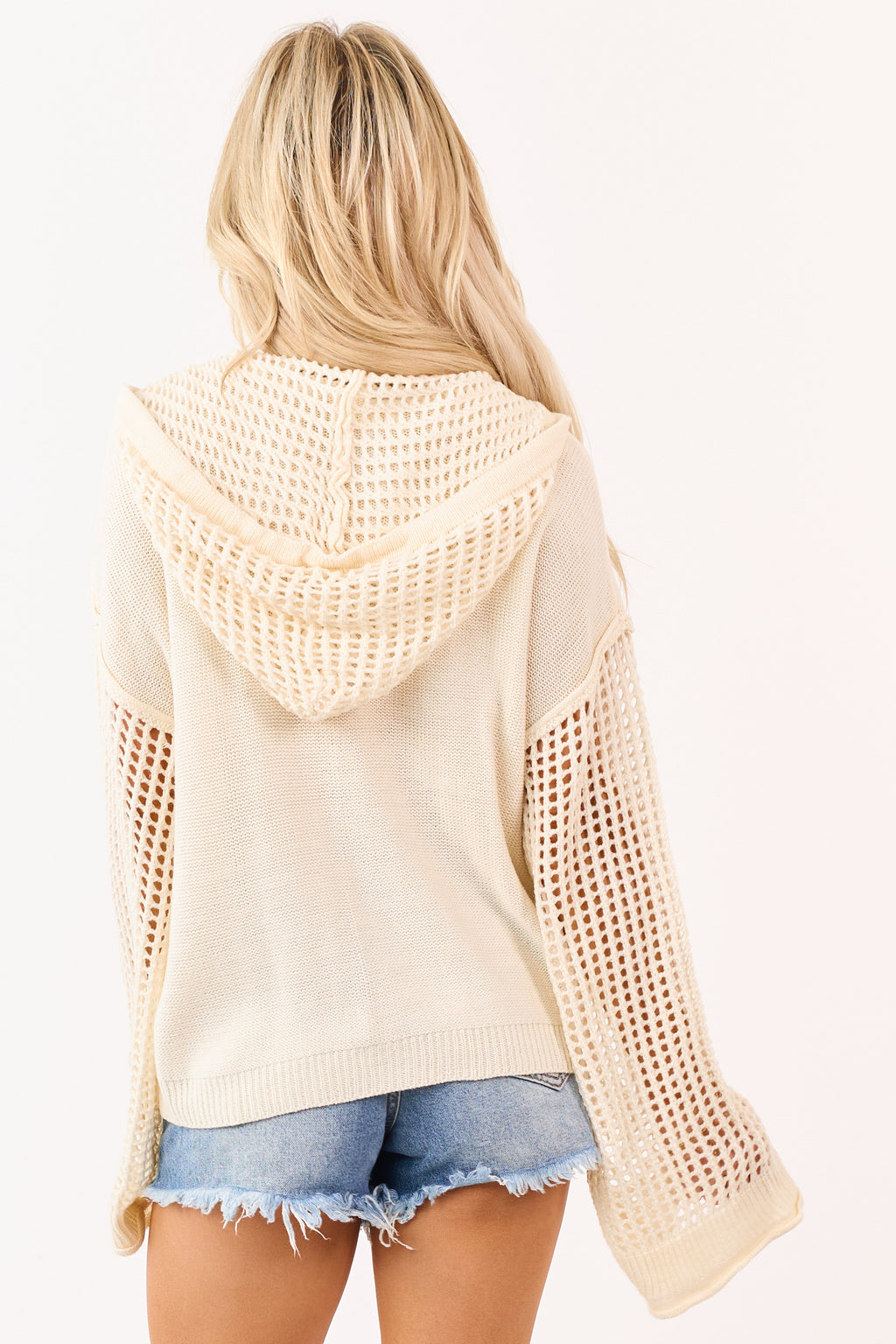 Mello Cream Open Crochet Knit Hooded Sweater