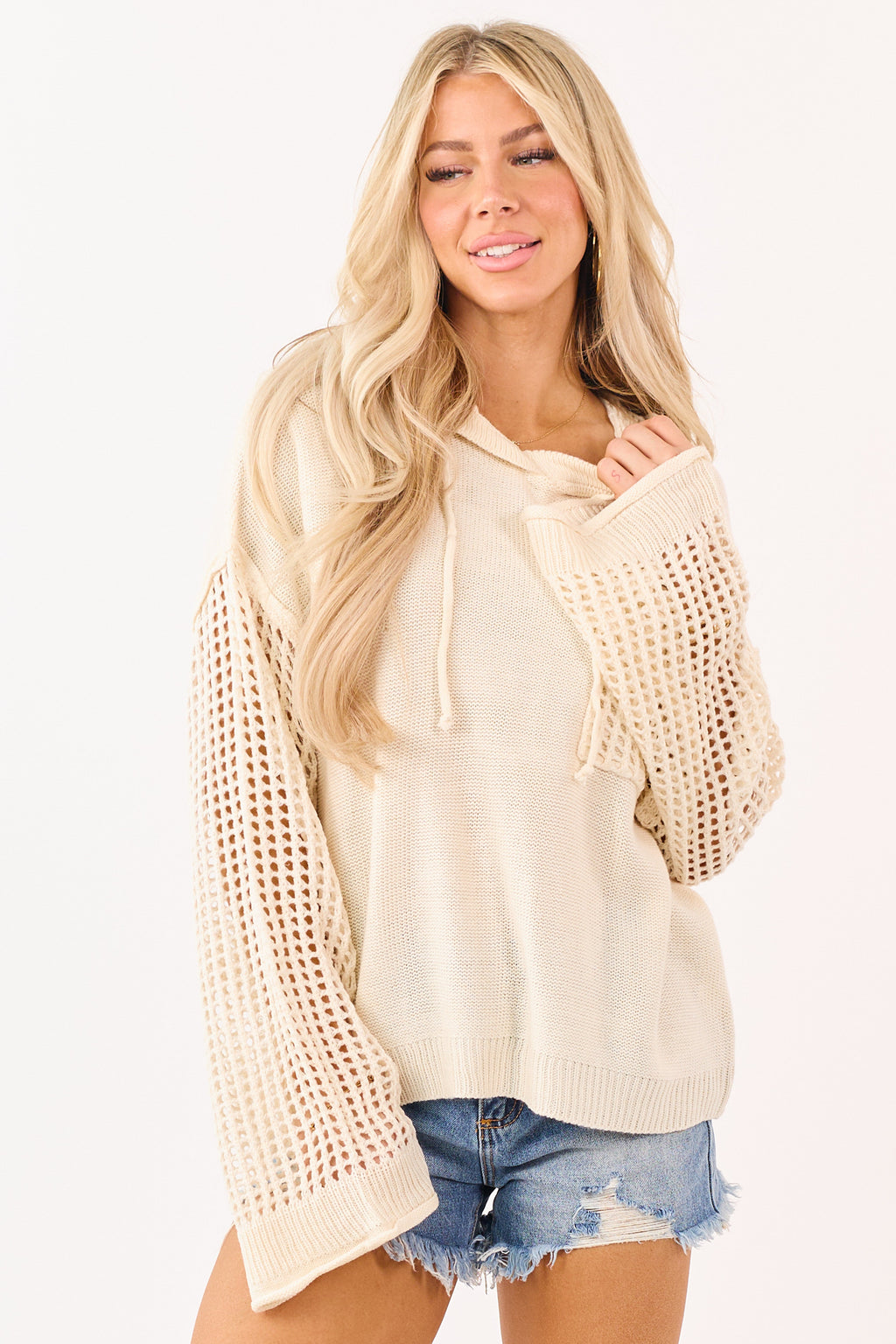 Mello Cream Open Crochet Knit Hooded Sweater