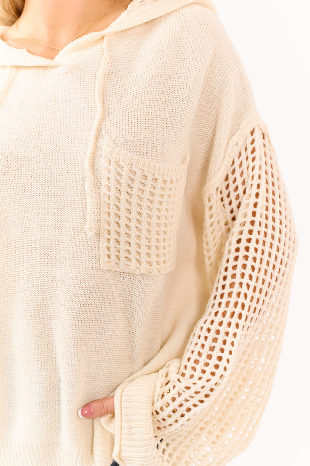 Mello Cream Open Crochet Knit Hooded Sweater