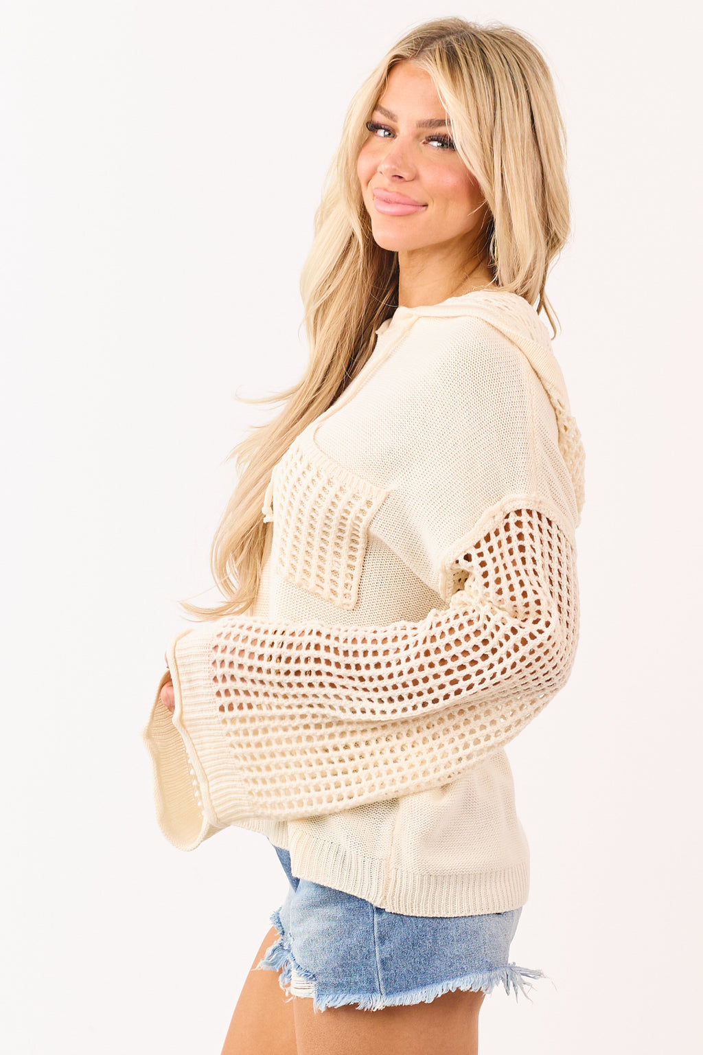 Mello Cream Open Crochet Knit Hooded Sweater