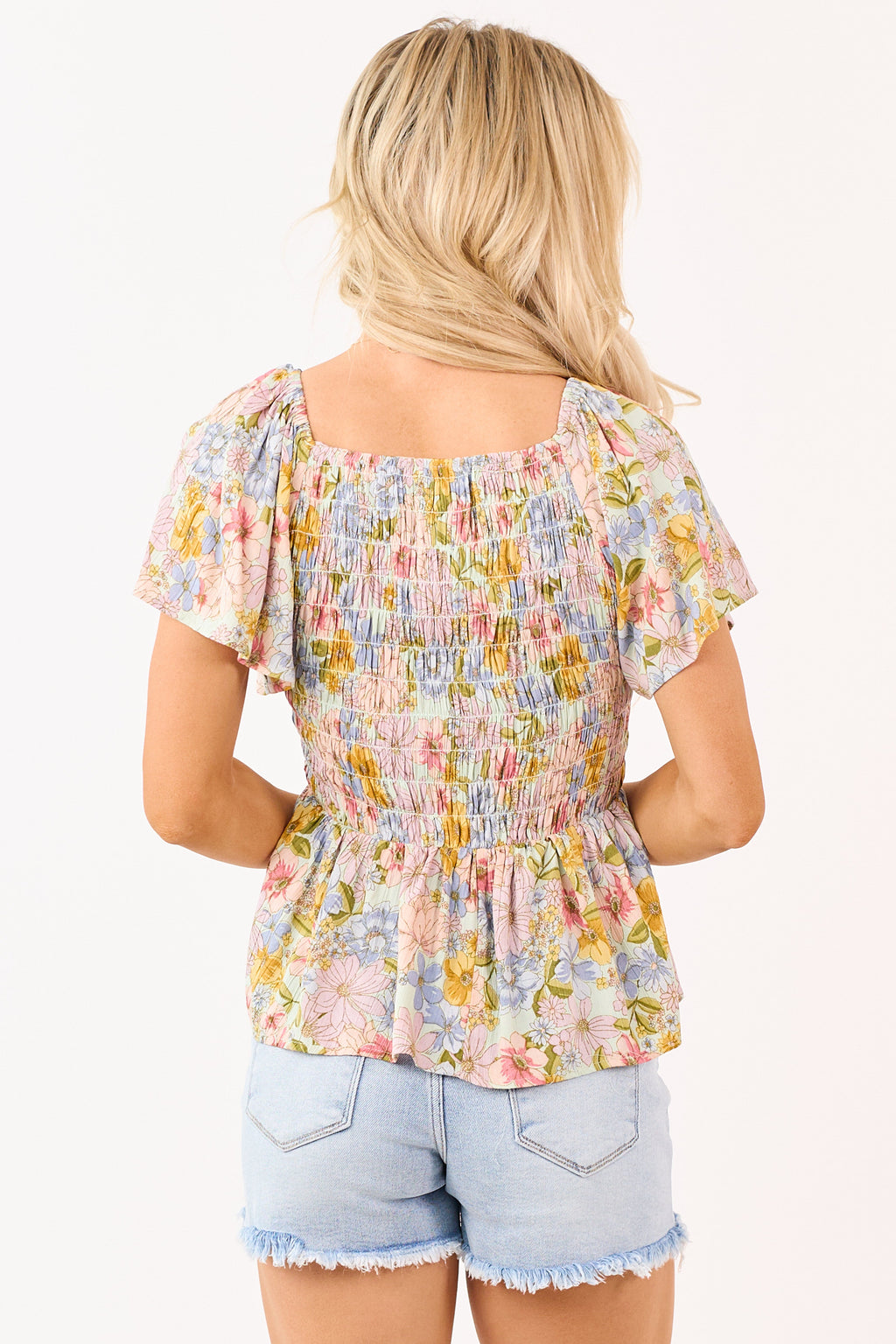Mint Floral Print Flutter Sleeve Peplum Top