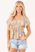 Mint Floral Print Flutter Sleeve Peplum Top