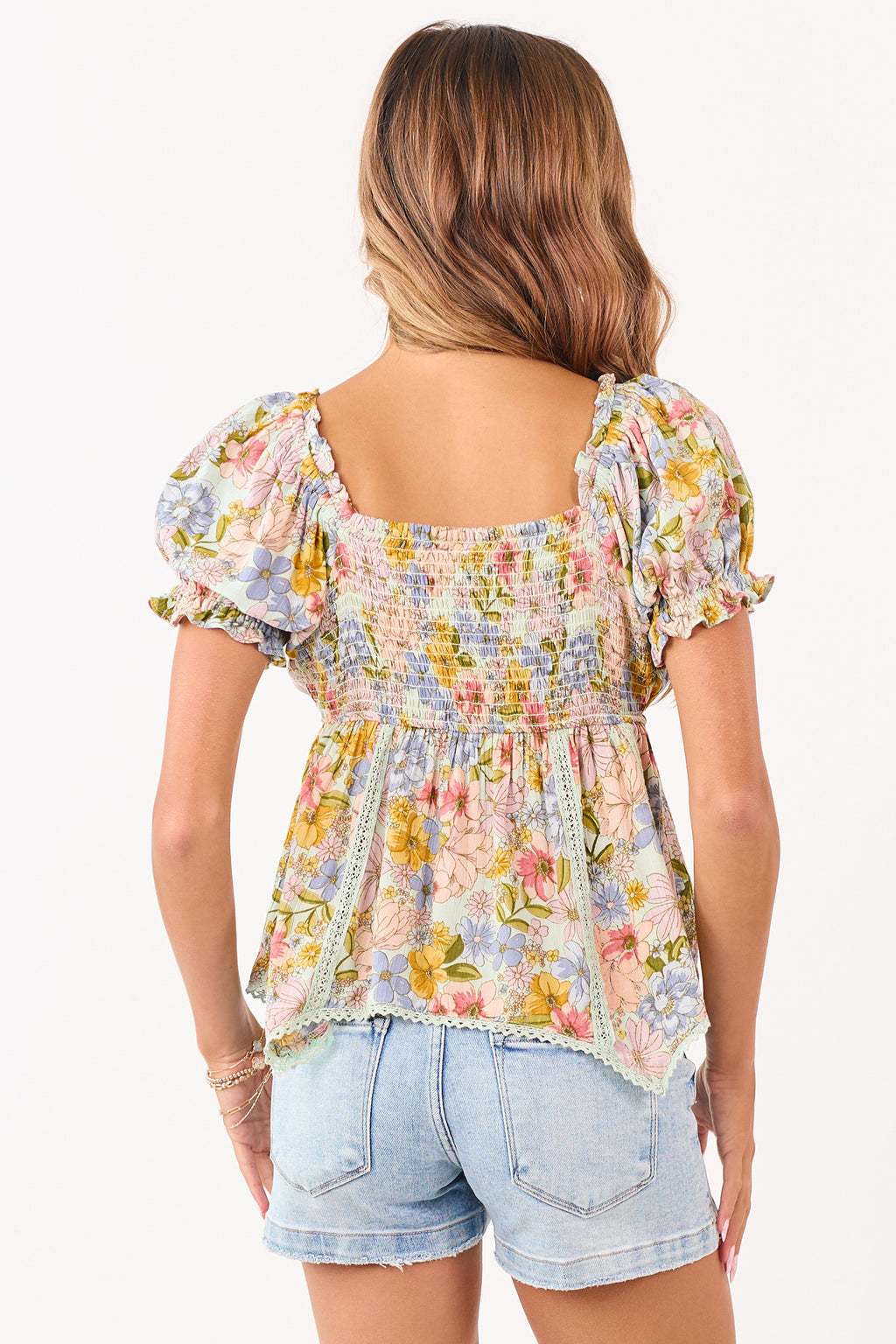 Mint Floral Print Puff Sleeve Babydoll Top