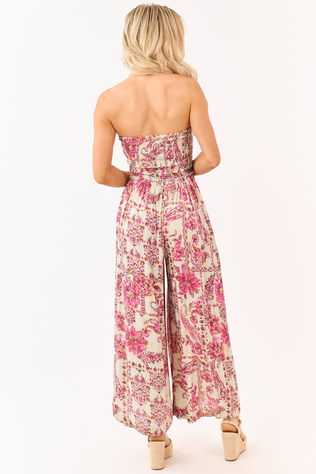 Mint Floral Print Strapless Smocked Bodice Jumpsuit