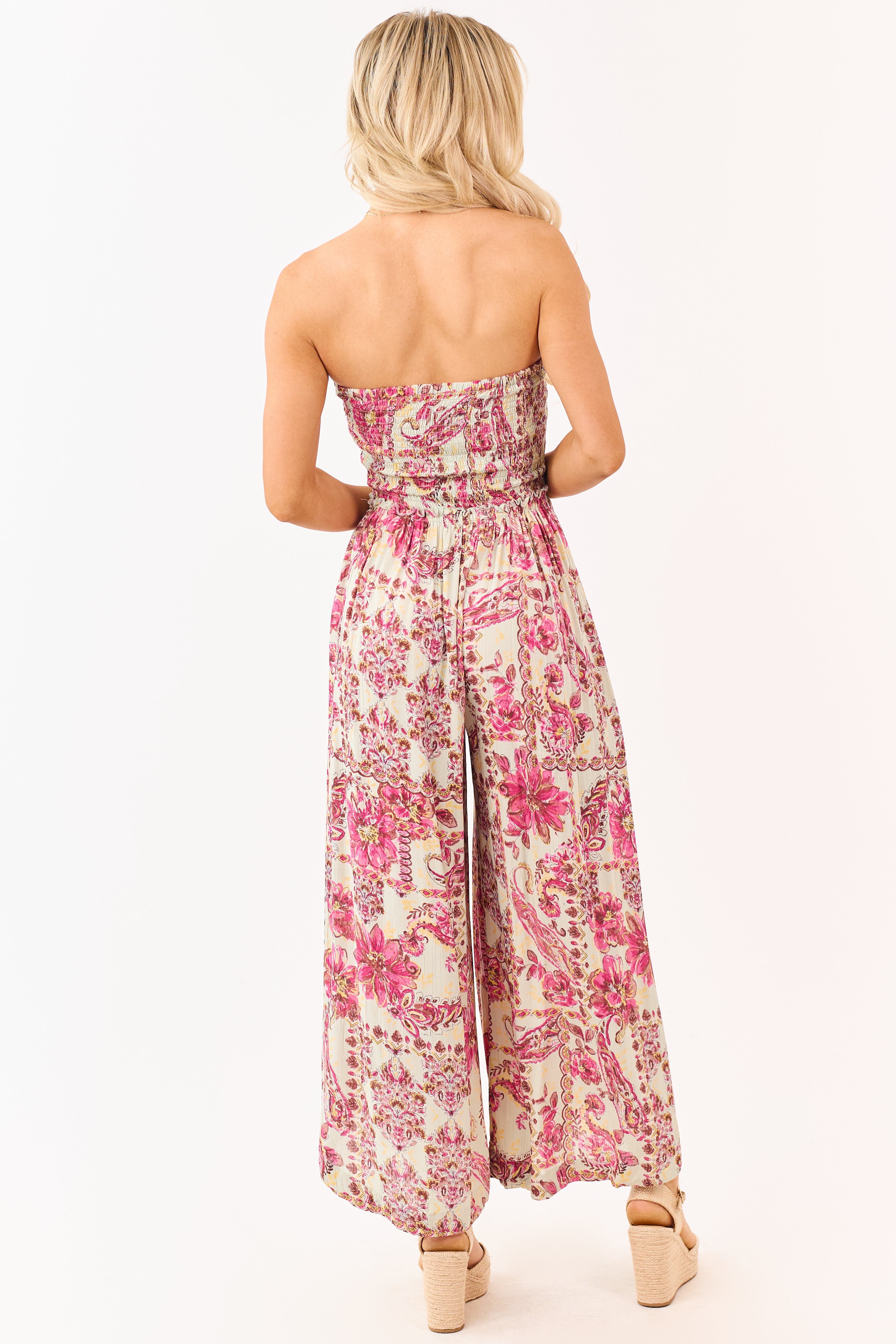 Mint Floral Print Strapless Smocked Bodice Jumpsuit