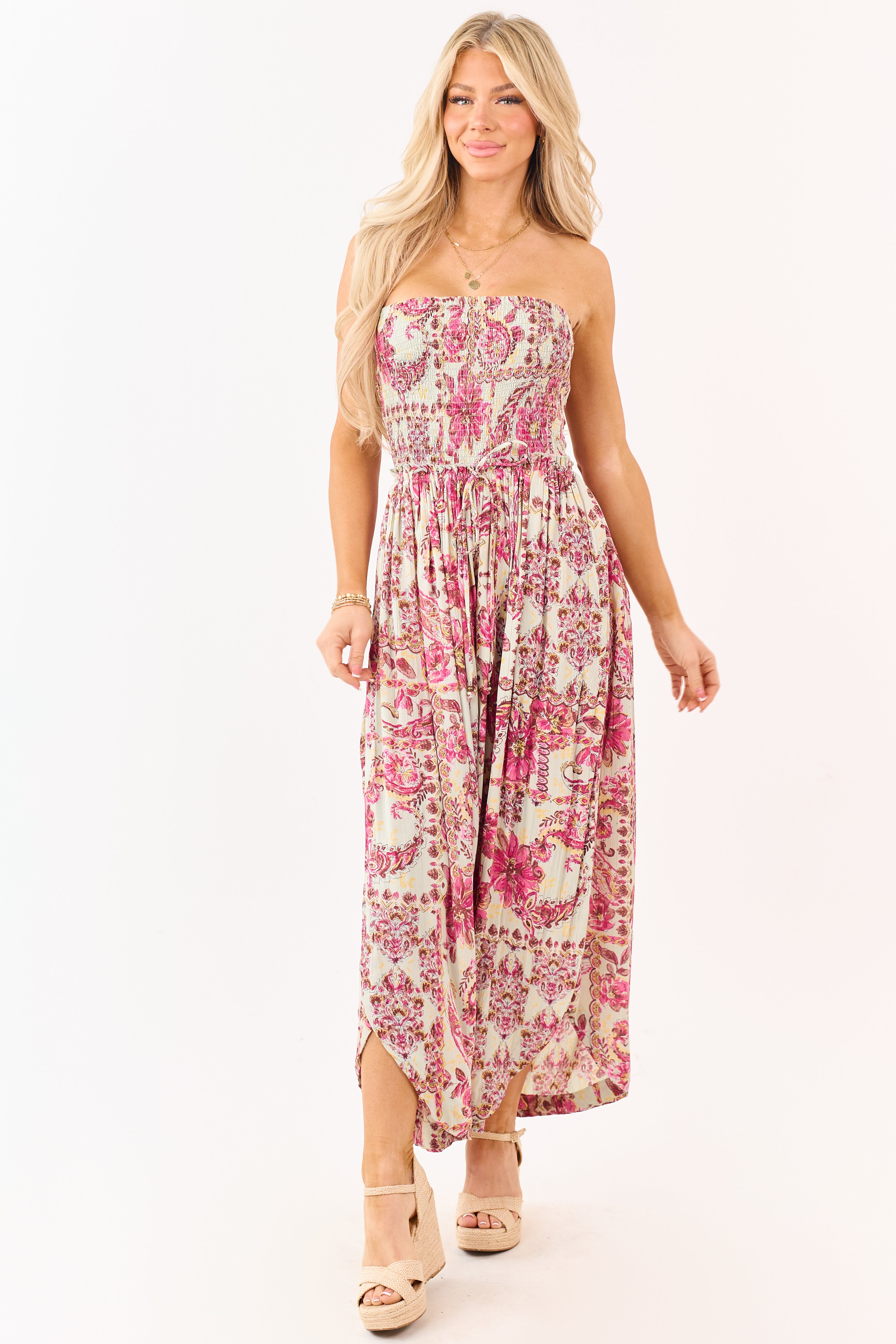 Mint Floral Print Strapless Smocked Bodice Jumpsuit