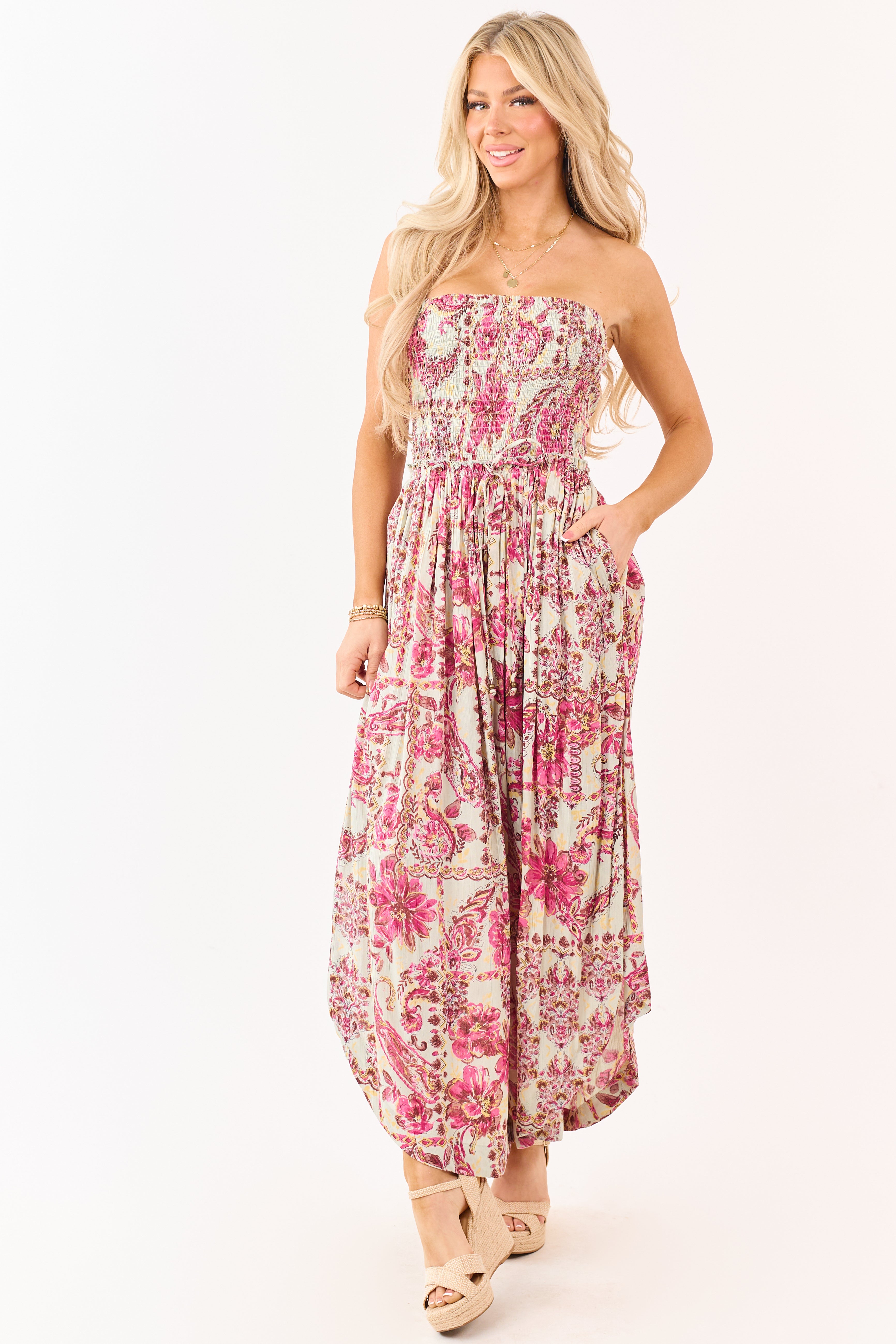 Mint Floral Print Strapless Smocked Bodice Jumpsuit