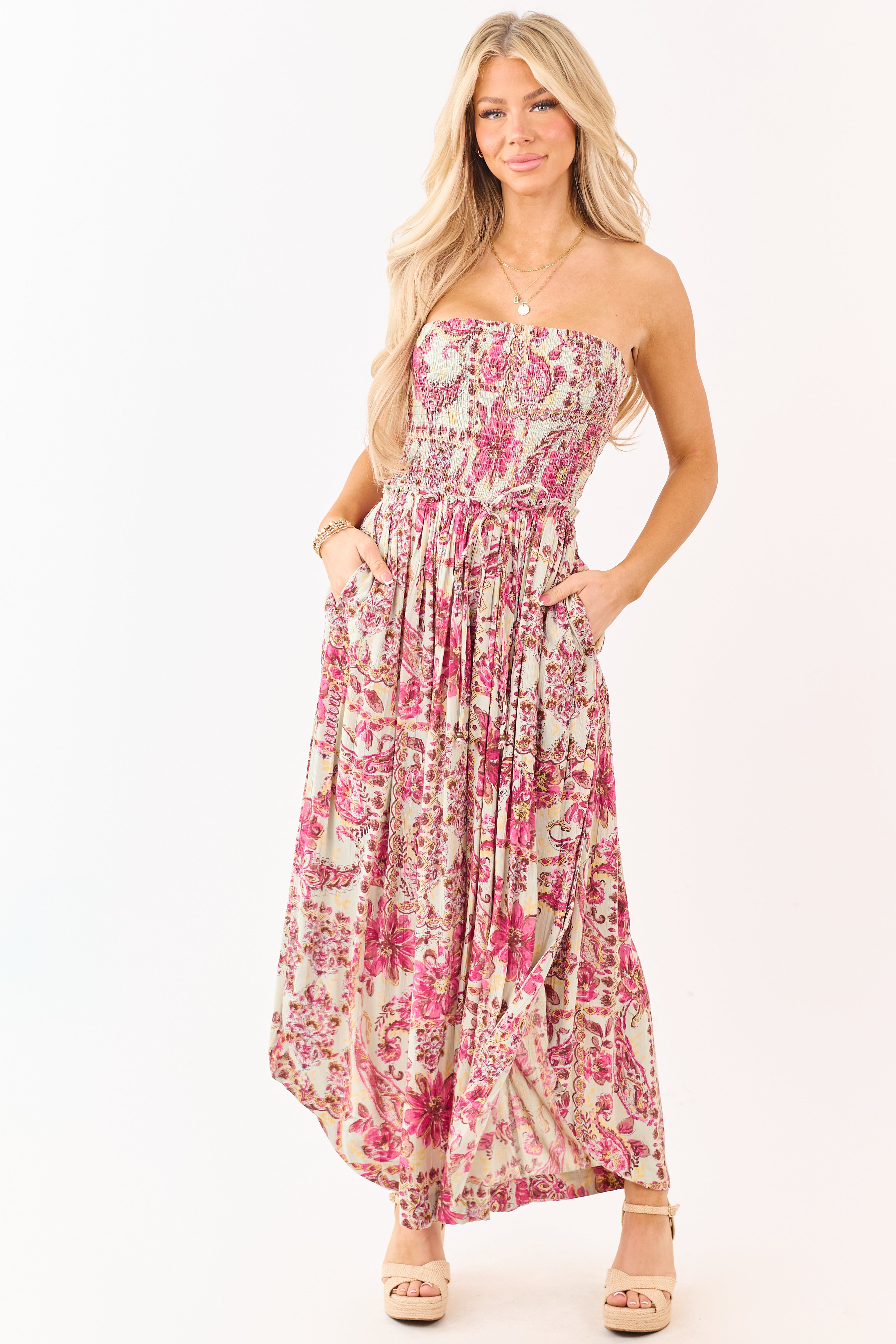 Mint Floral Print Strapless Smocked Bodice Jumpsuit