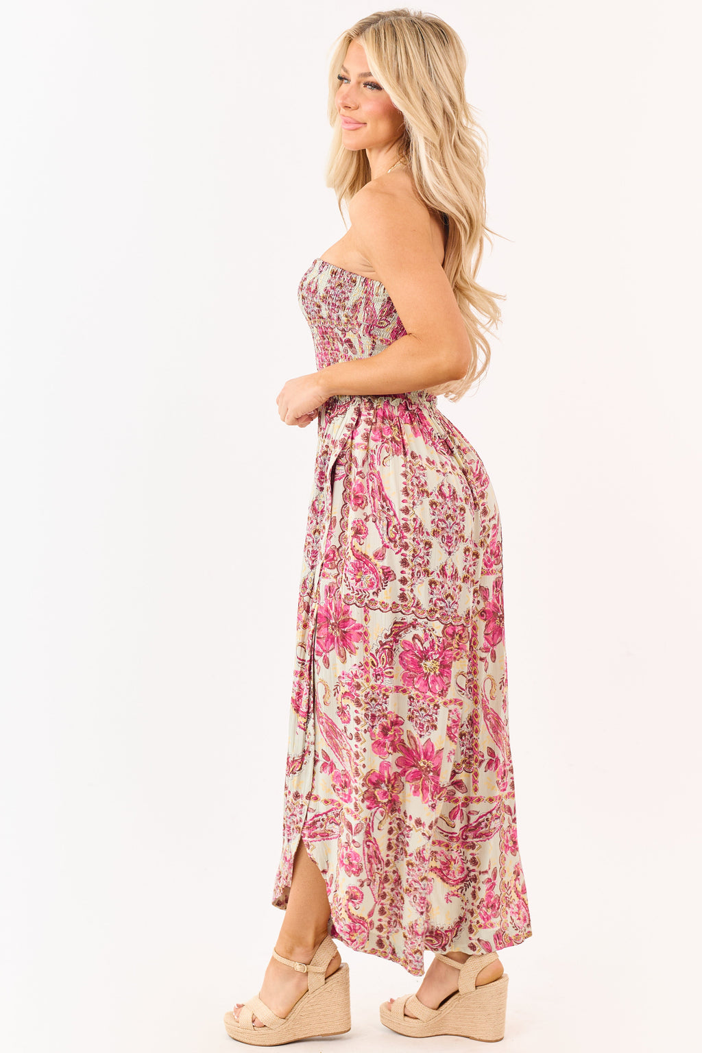 Mint Floral Print Strapless Smocked Bodice Jumpsuit